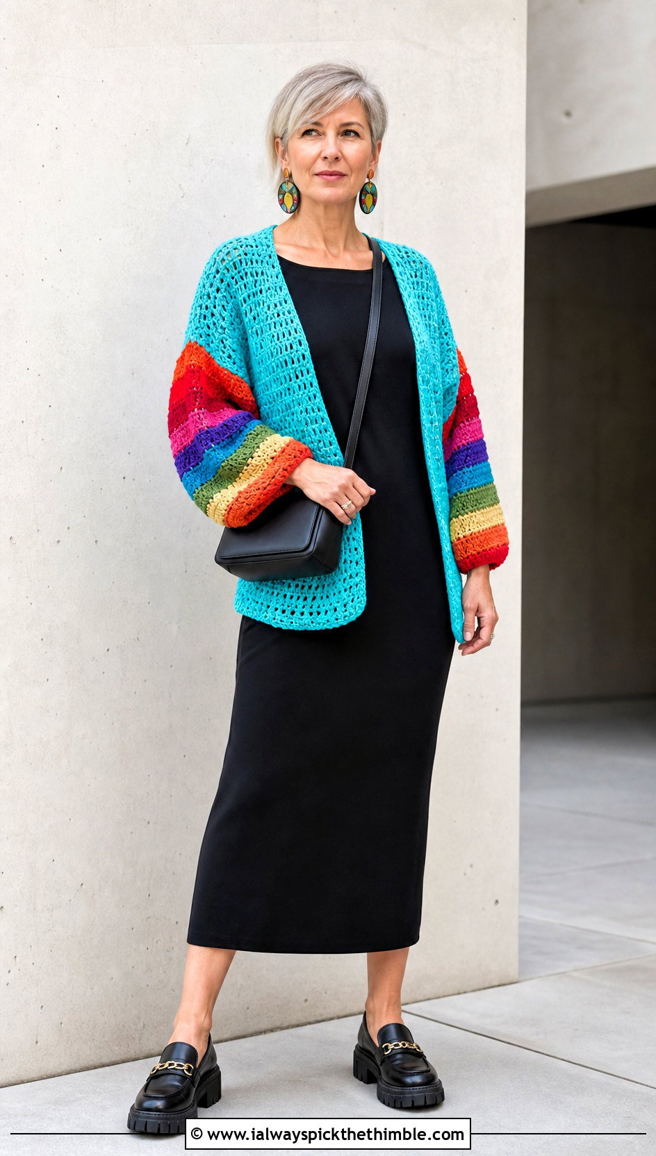 Rainbow Sleeve Crochet Cardigan With Black Dress - 20 Funny Crochet Clothes and outfit ideas