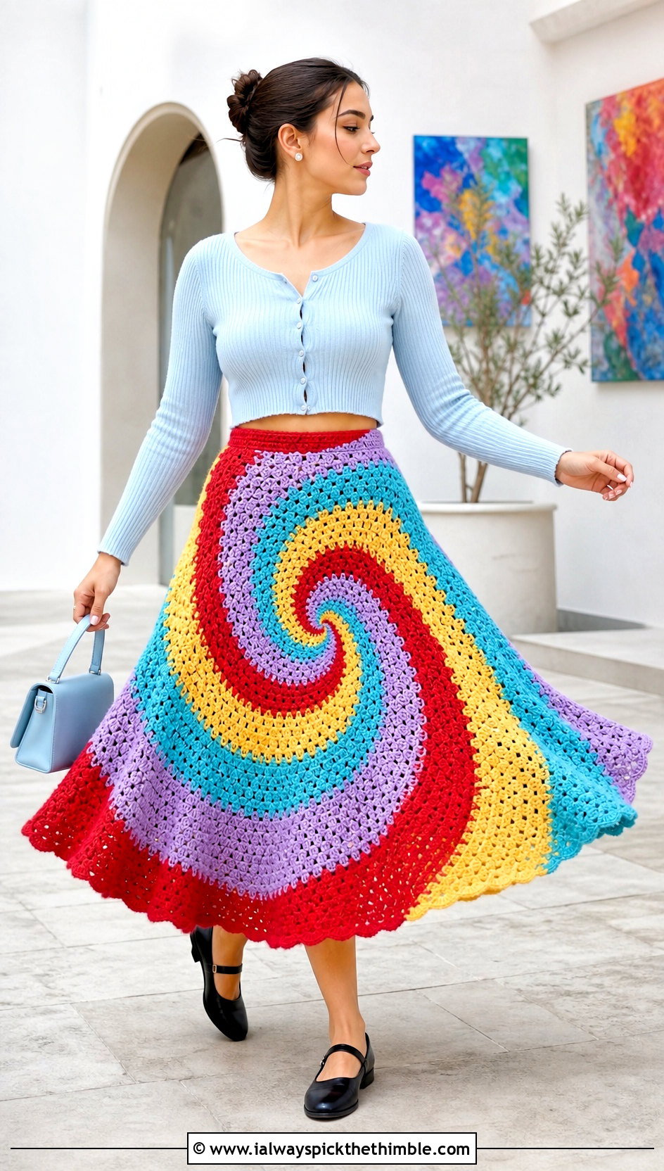 Rainbow Spiral Crochet Circle Skirt With Cropped Cardigan - 20 Rainbow Crochet Skirt outfit ideas