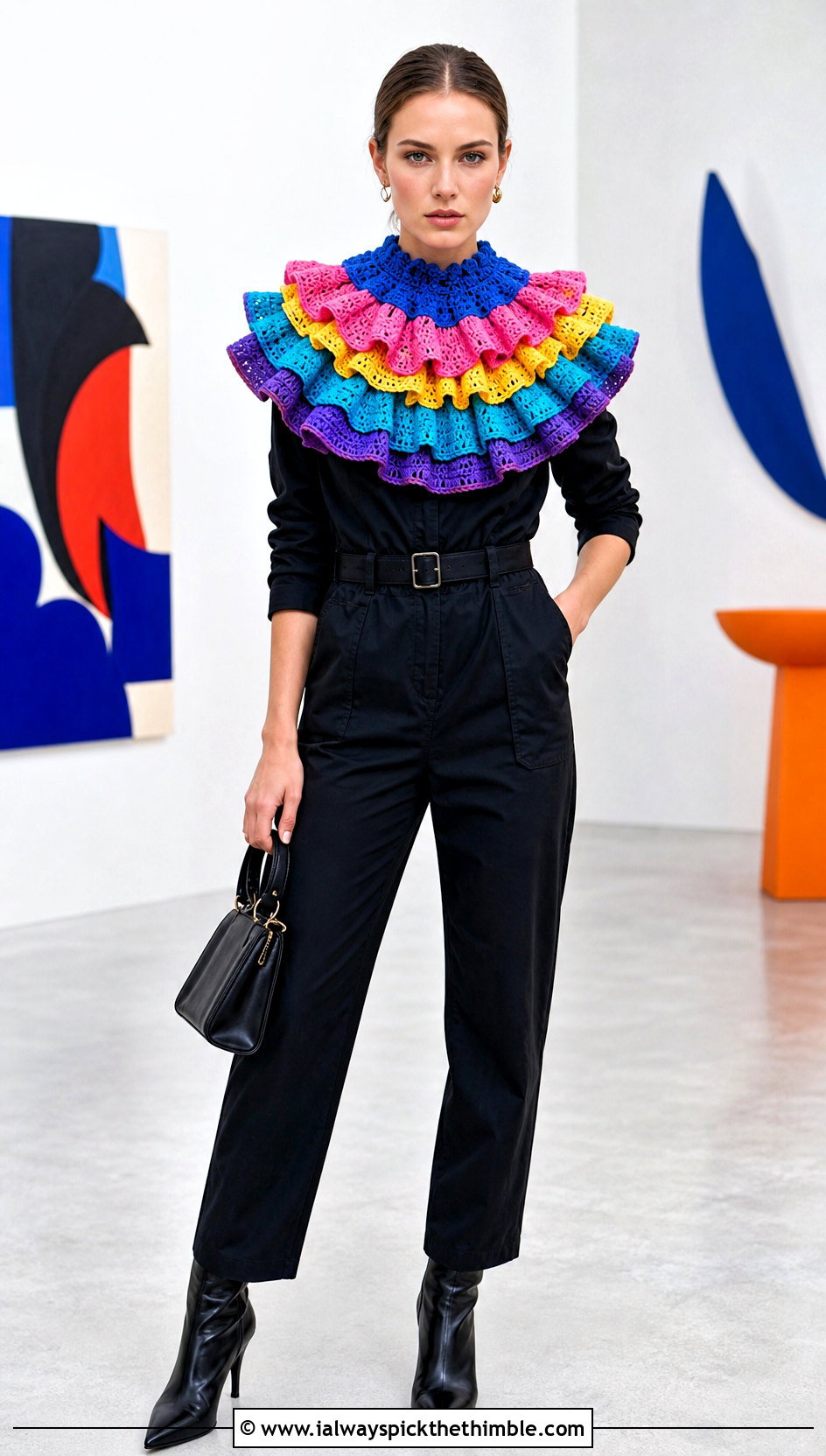Rainbow Stripe Clown Crochet Ruffle Collar With Black Jumpsuit - 20 Clown Crochet Ruffle Collar outfit ideas