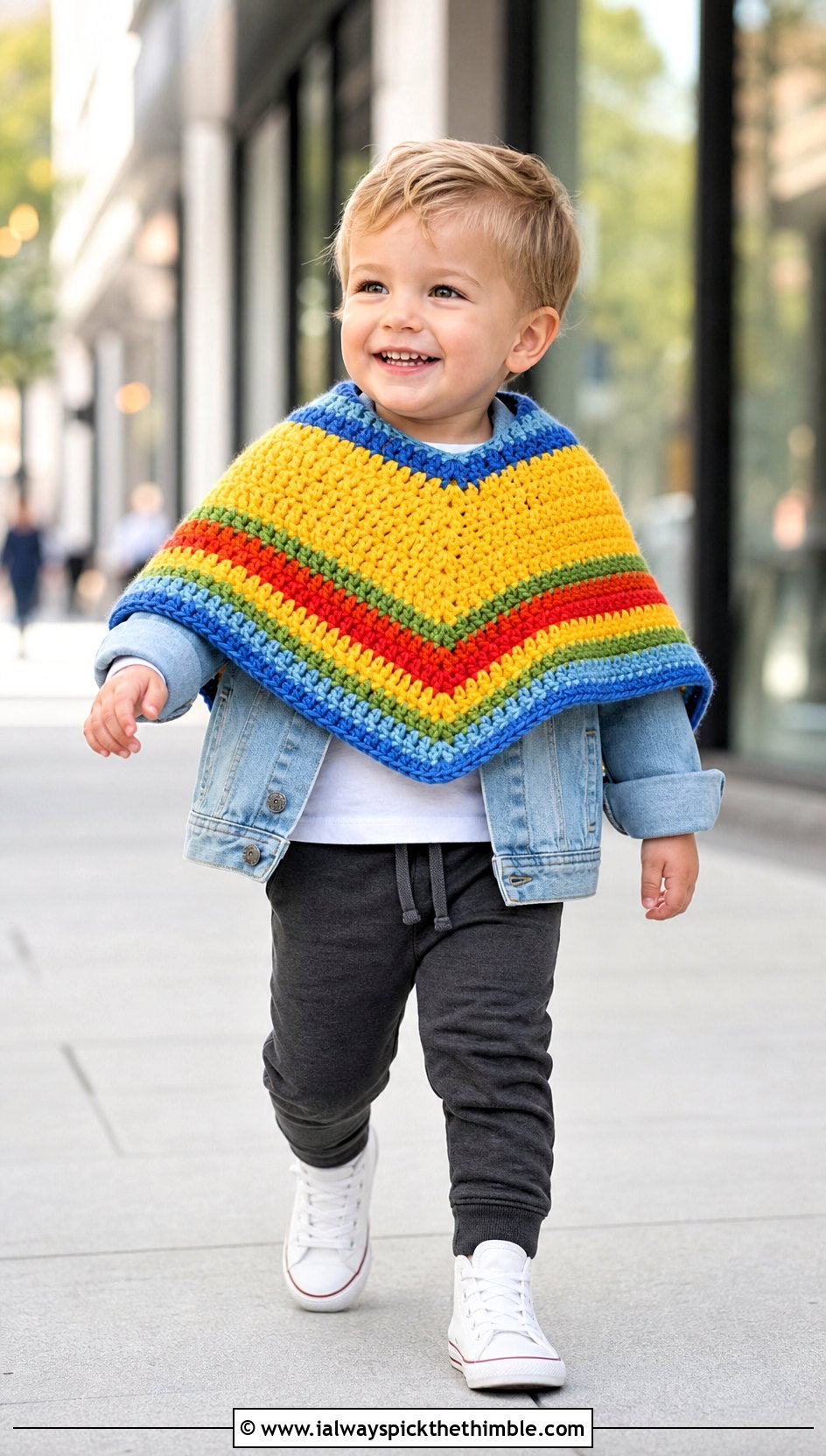 Rainbow Stripe Crochet Carseat Poncho With Denim Jacket And Joggers - 20 Crochet Carseat Poncho outfit ideas