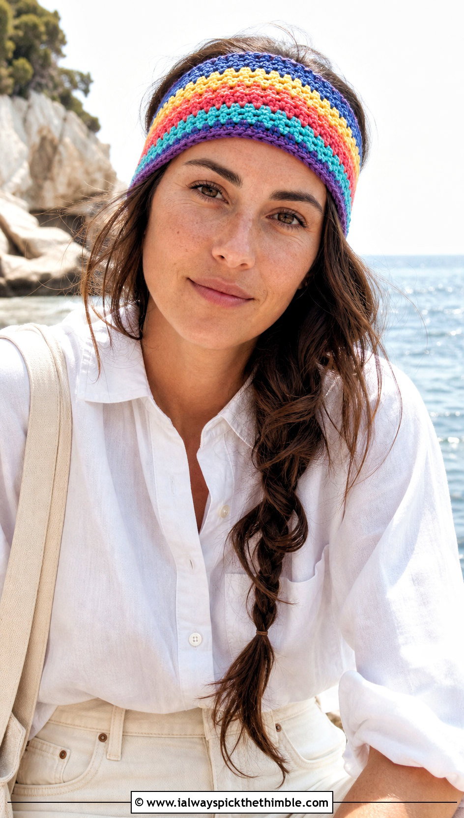 Rainbow Stripe Crochet Hippie Headband With White Outfit - 20 crochet hippie headband outfit ideas