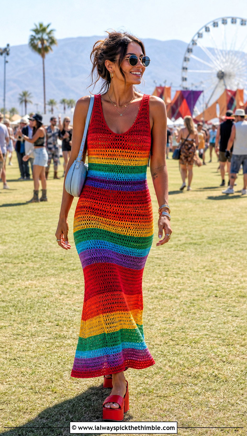 Rainbow Stripe Crochet Maxi Dress With Platform Sandals - 15 Boho Hippie Crochet Dress outfit ideas