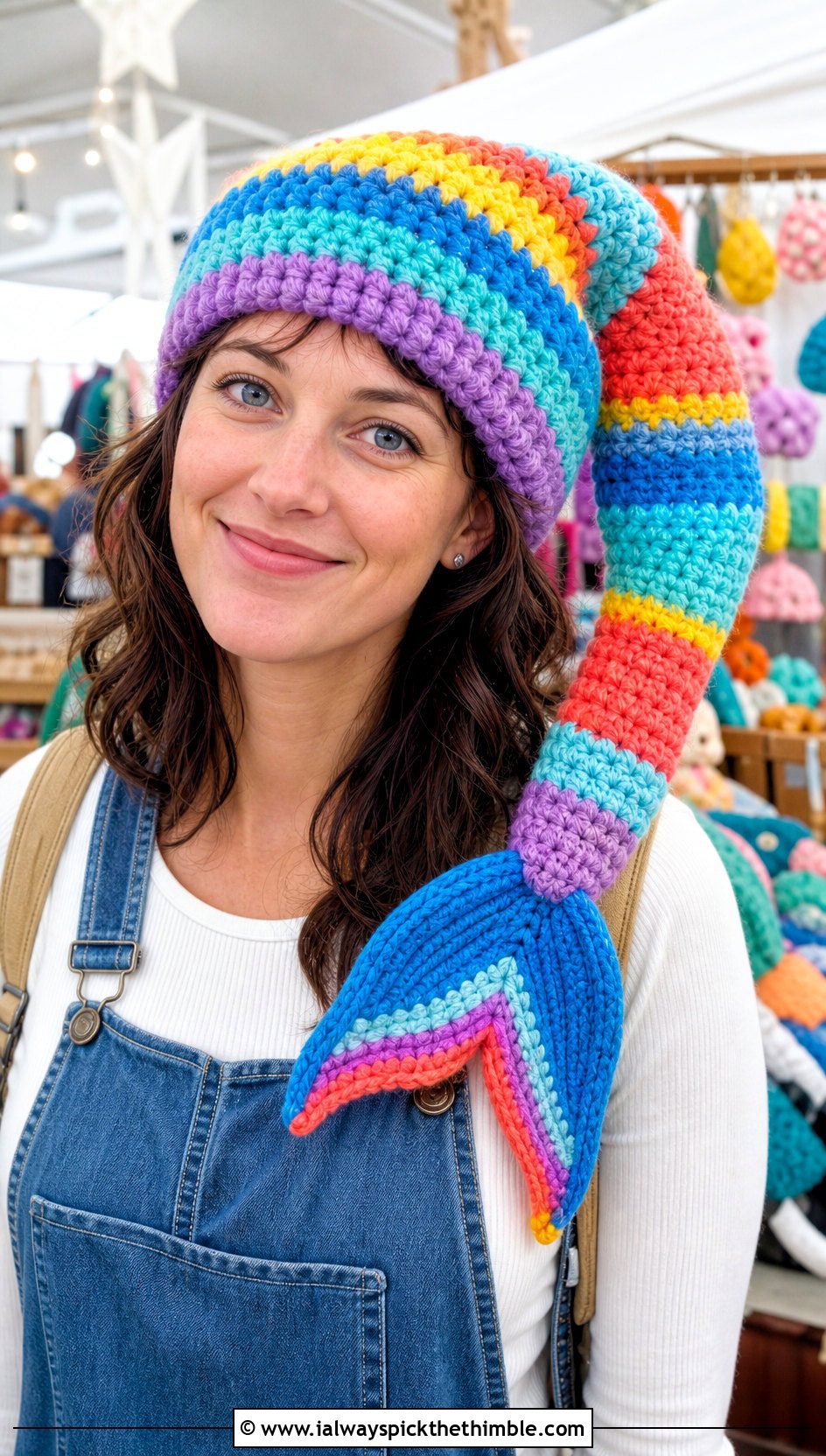 Rainbow Stripe Mermaid Tail Crochet Hat With Overalls - 15 Mermaid Tail Crochet Hat outfit ideas