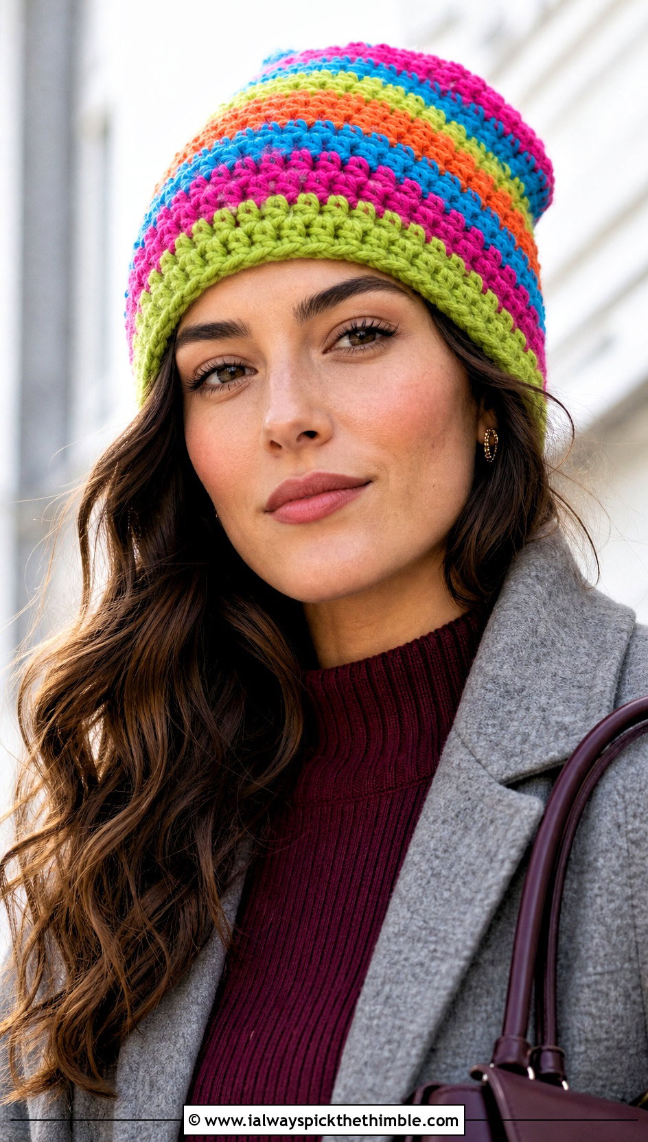 Rainbow Striped Crochet Beanie With Sweater Dress - 15 Crochet Striped Beanies outfit ideas