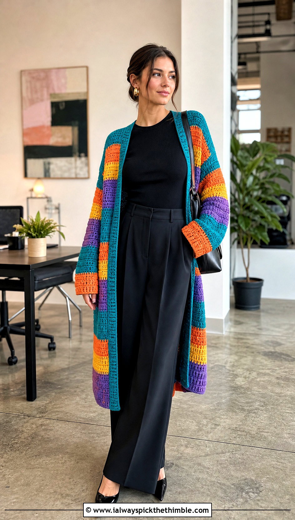 Rainbow Striped Crochet Cardigan With Black Trousers - 20 Rainbow Crochet Cardigan outfit ideas