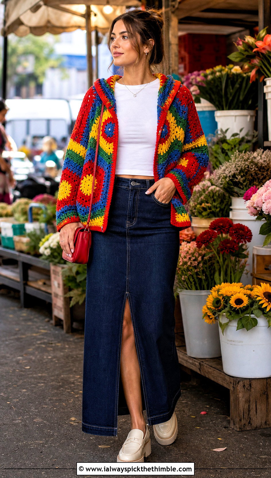 Rainbow Striped Crochet Hexagon Hoodie With Denim Maxi Skirt - 20 crochet hexagon hoodie outfit ideas