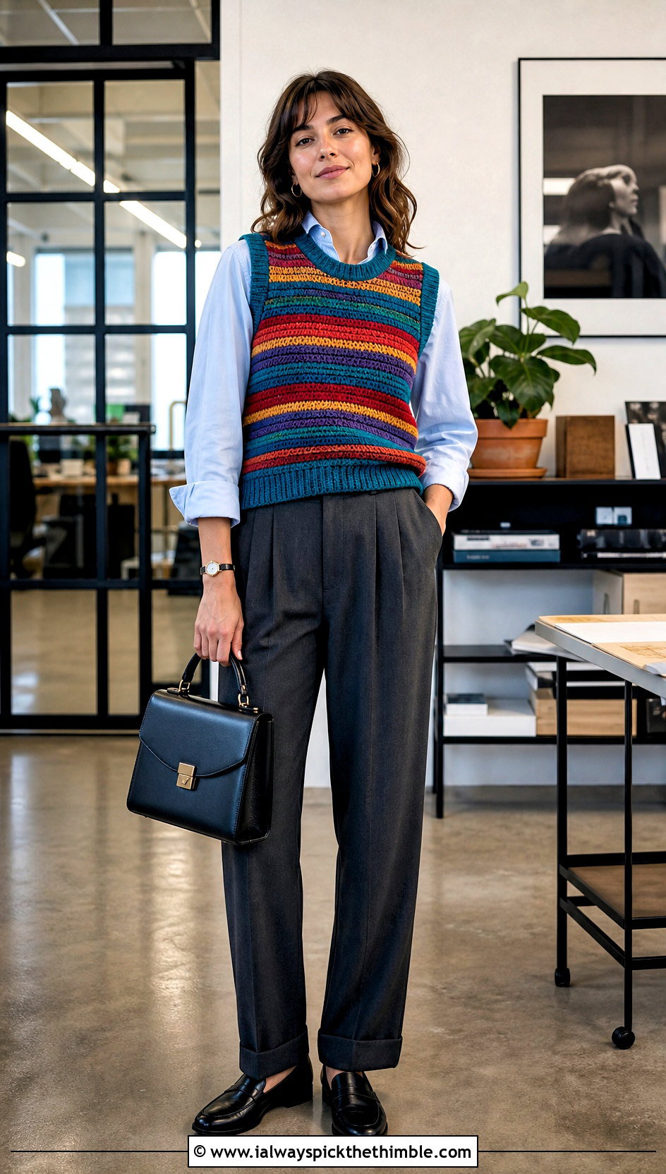 Rainbow Striped Crochet Sweater Vest With Pleated Trousers - 15 vintage rainbow crochet vest outfit ideas