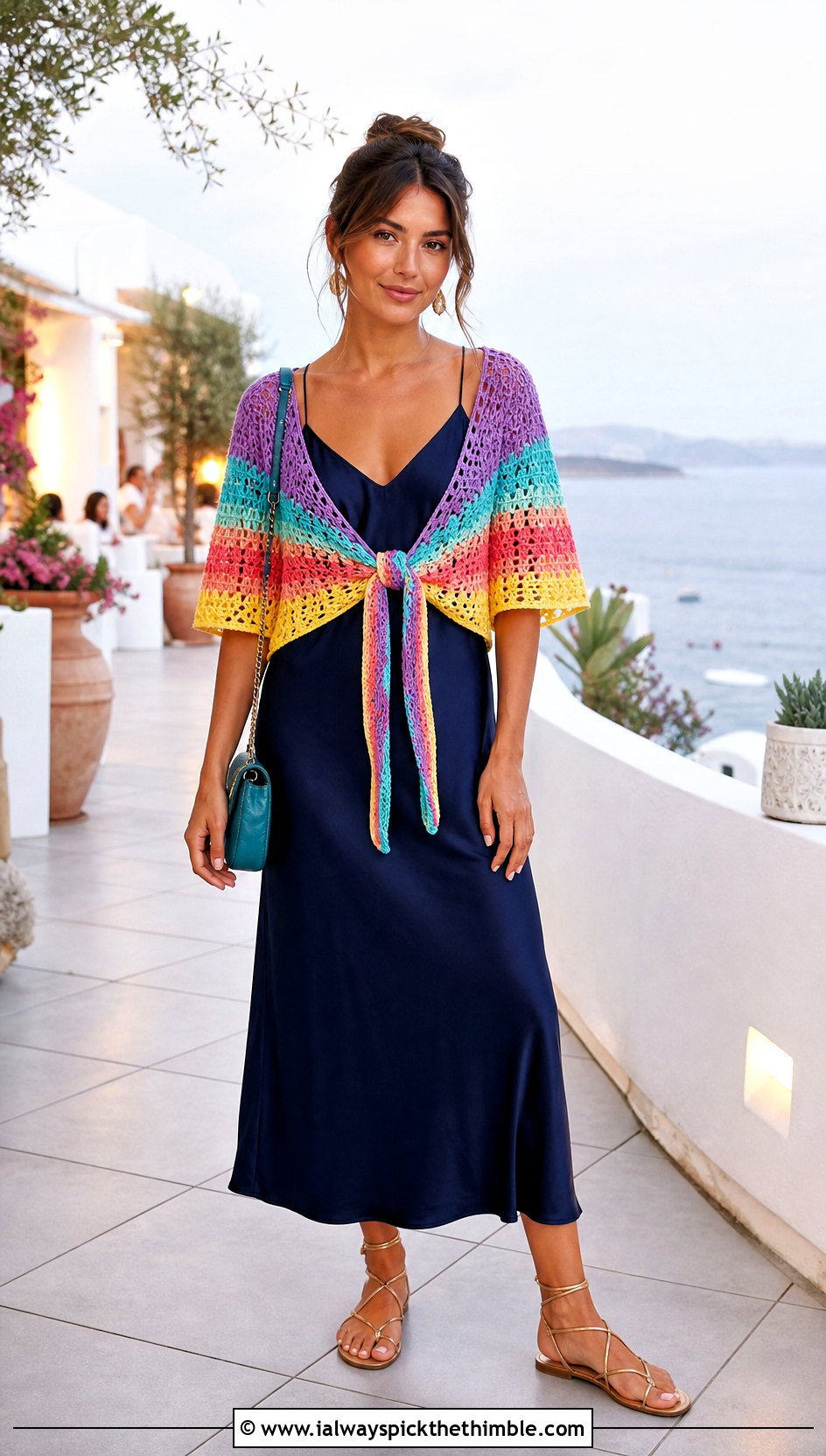 Rainbow Tie Front Crochet Top With Slip Dress - 20 rainbow crochet top outfit ideas
