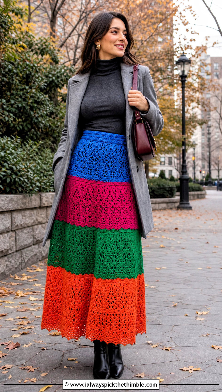 Rainbow Tiered Crochet Maxi Skirt With Fitted Turtleneck - 20 Rainbow Crochet Skirt outfit ideas