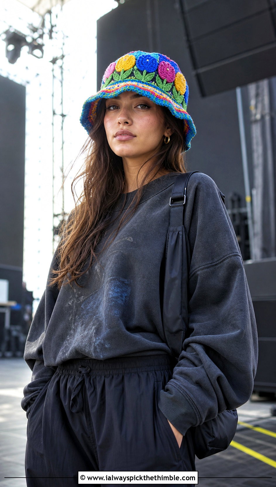 Rainbow Tulip Bucket Hat With Sweatshirt And Parachute Pants - 20 crochet tulip hat outfit ideas
