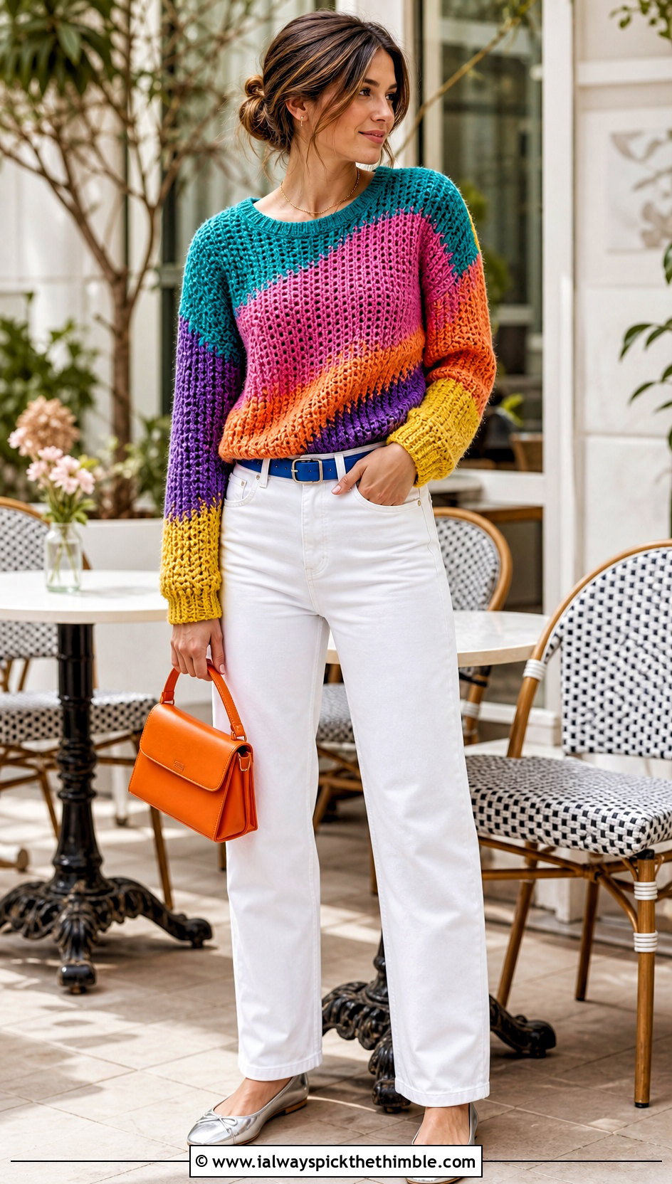 Rainbow Tunisian Crochet Sweater With White Jeans - 15 bright rainbow crochet sweater outfit ideas