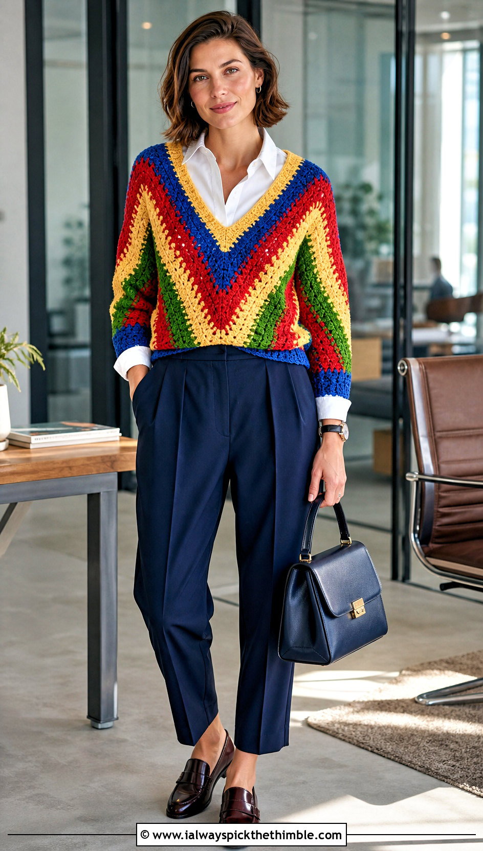 Rainbow V Neck Crochet Sweater With Pleated Trousers - 15 bright rainbow crochet sweater outfit ideas