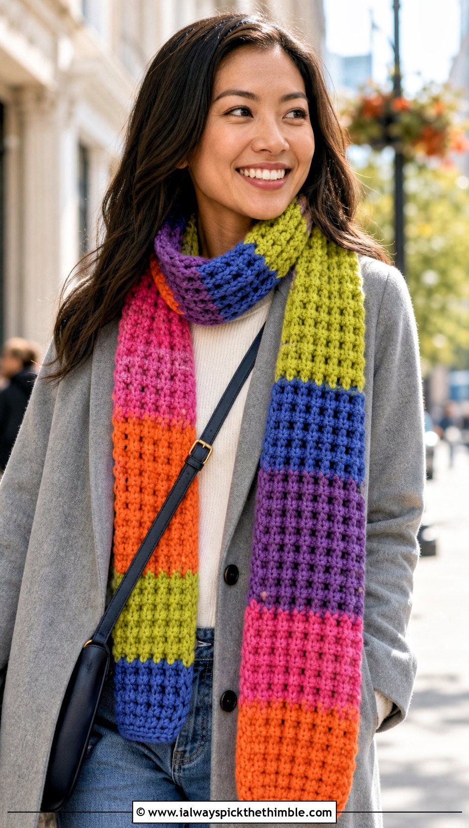 Rainbow Waffle Crochet Scarf With Overcoat And Relaxed Denim - 20 Waffle Crochet Scarf outfit ideas