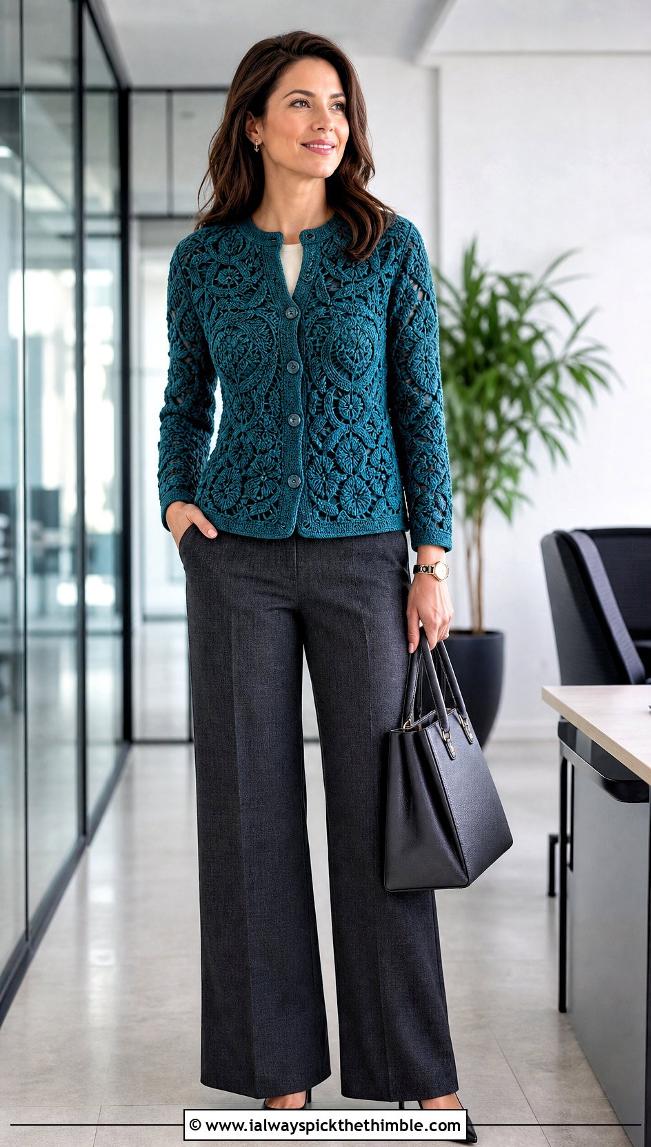 Raised Cord Irish Crochet Cardigan With Tailored Trousers - 20 Irish Crochet Cardigan outfit ideas