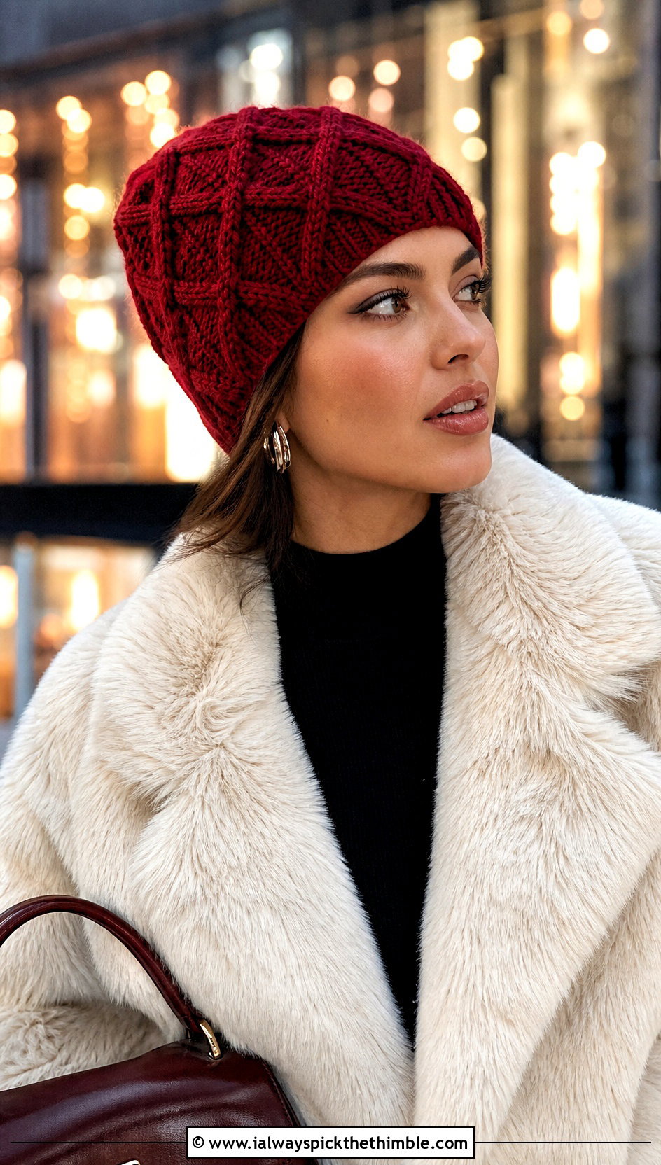Raised Diamond Cable Stitch Beanie With Faux Fur Coat - 20 Crochet Cable Stitch Beanie outfit ideas