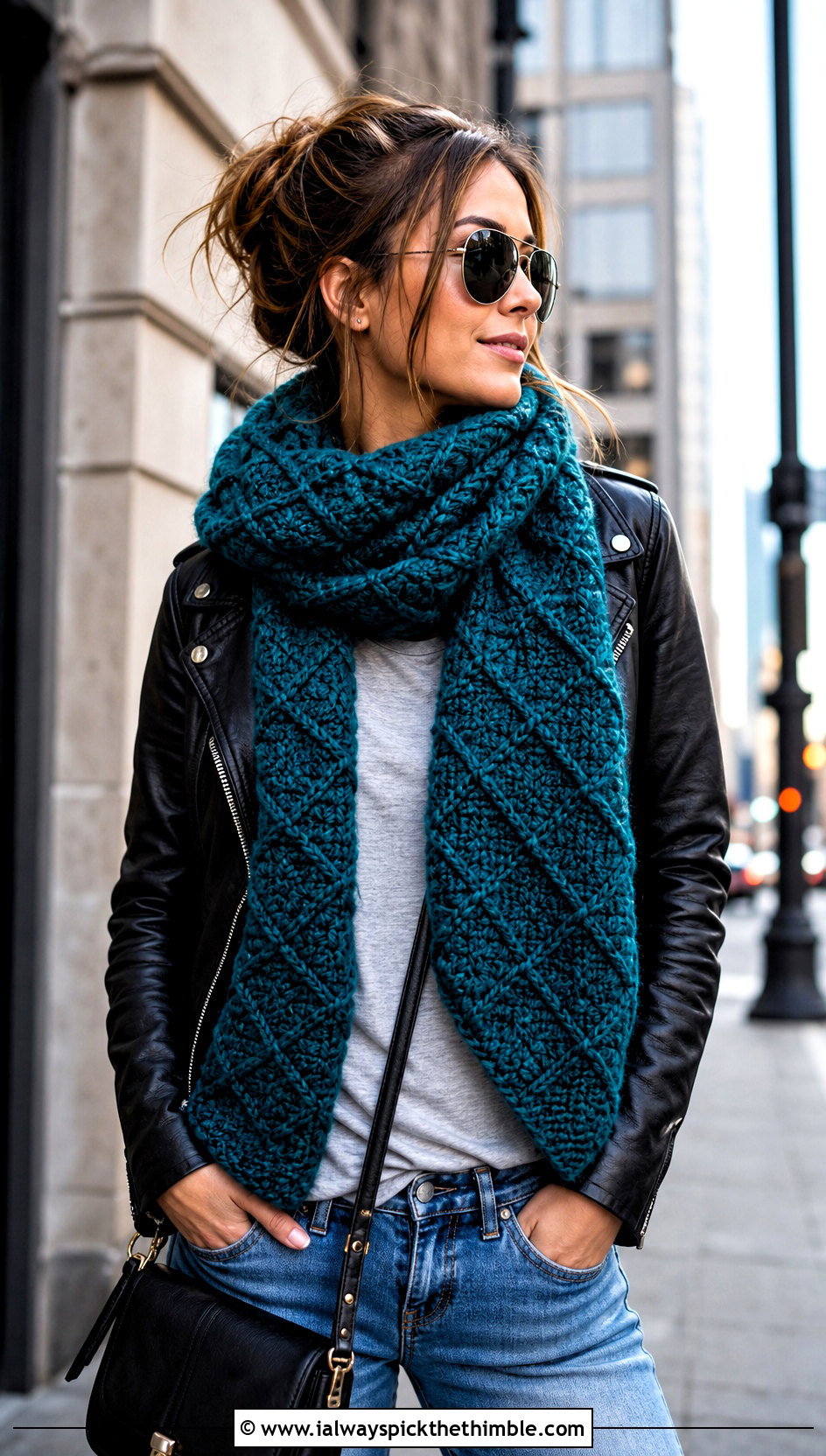 Raised Diamond Chunky Scarf With Leather Jacket - 15 diamond crochet scarf outfit ideas