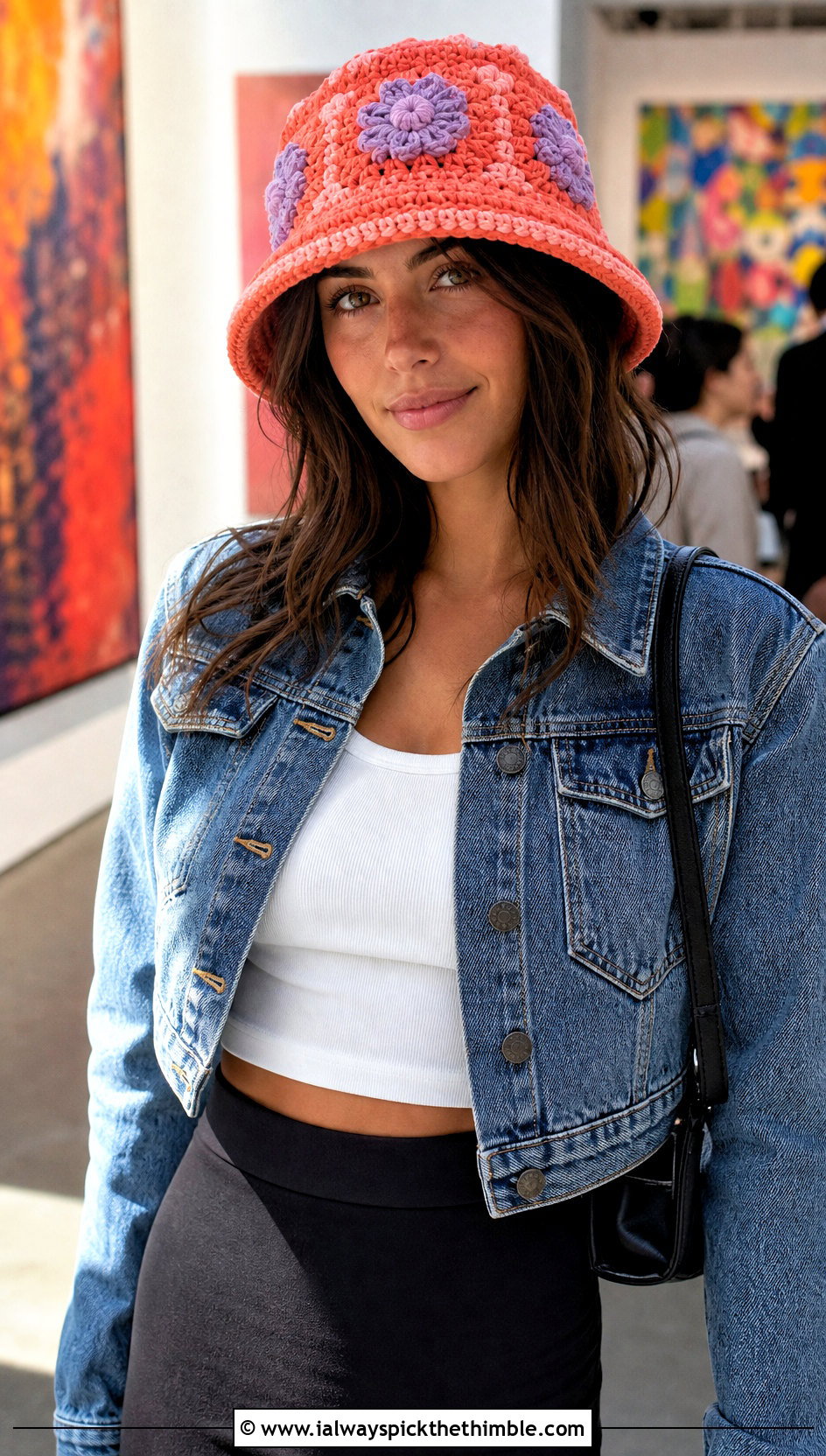 Raised Flower Granny Square Crochet Bucket Hat With Denim Jacket And Column Skirt - 25 granny square crochet bucket hat outfit ideas