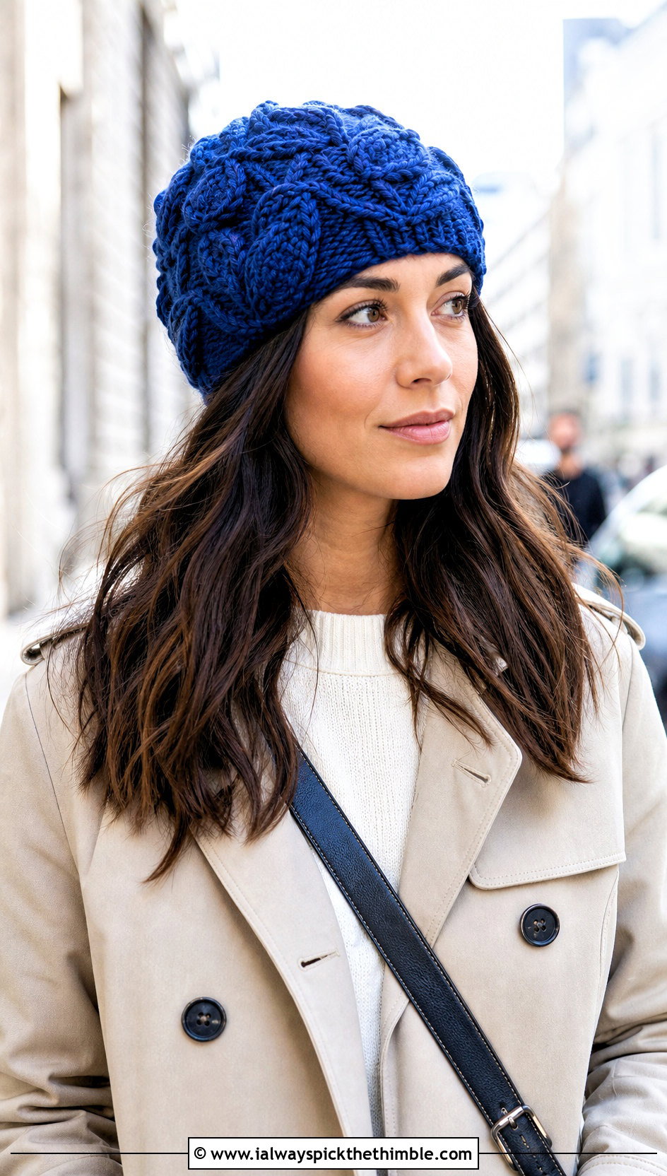 Raised Leaf Beanie With Trench Coat - 20 Crochet Leaf Hat outfit ideas