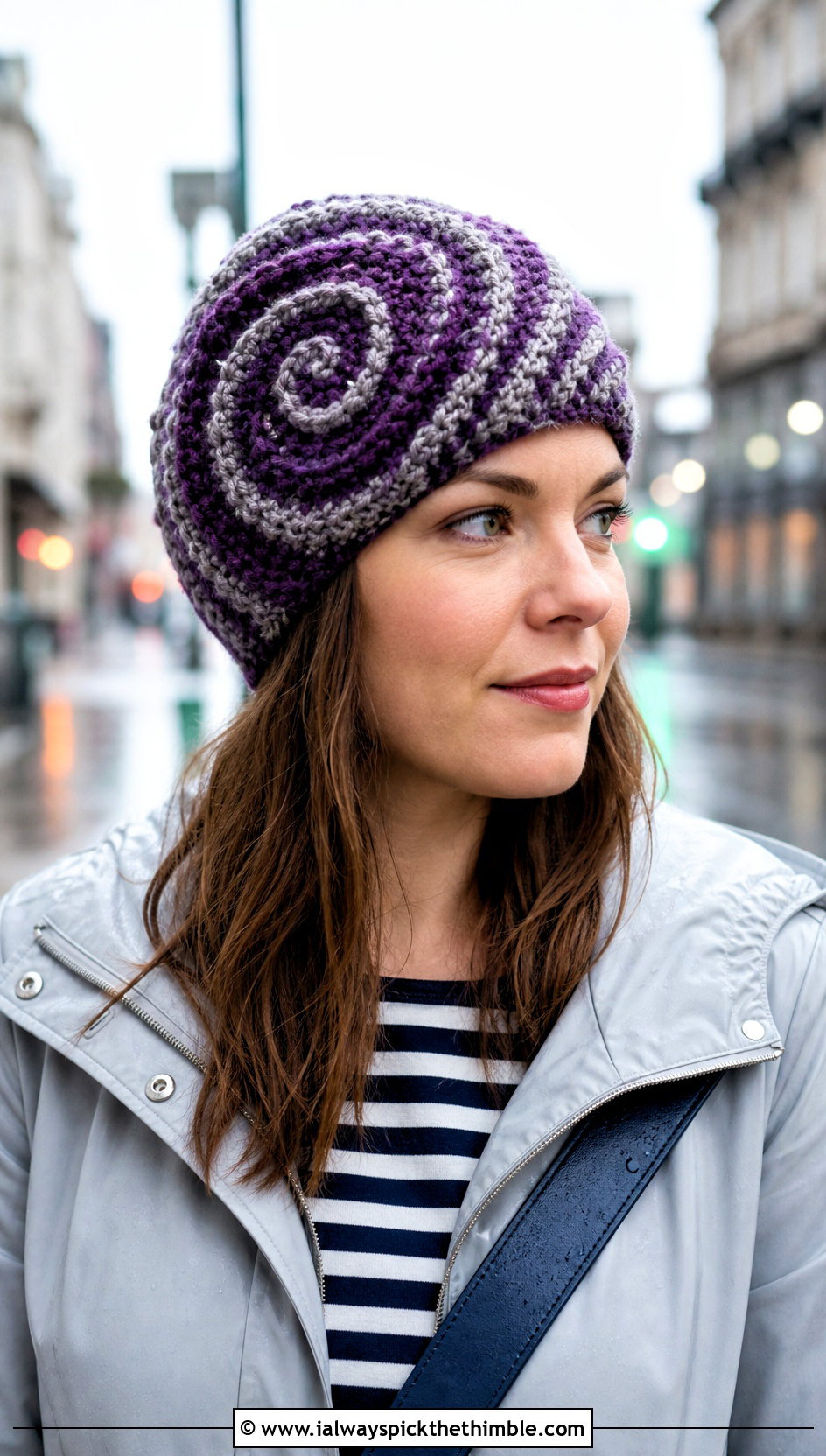 Raised Ridge Crochet Swirl Beanie With Raincoat And Straight Leg Jeans - 15 crochet swirl beanie outfit ideas