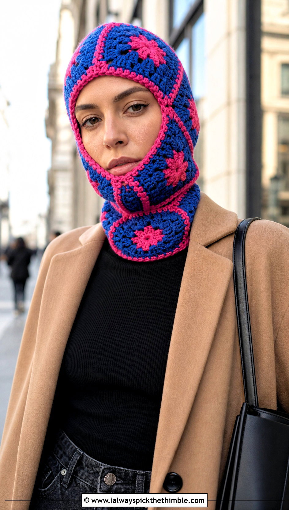 Raised Seam Granny Square Balaclava With Blazer And Straight Jeans - 25 granny square balaclava outfit ideas