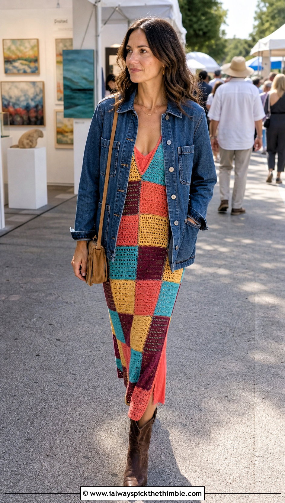 Ralph Lauren Patchwork Crochet V Neck Dress With Denim Chore Coat - 15 Ralph Lauren Crochet Dress outfit ideas