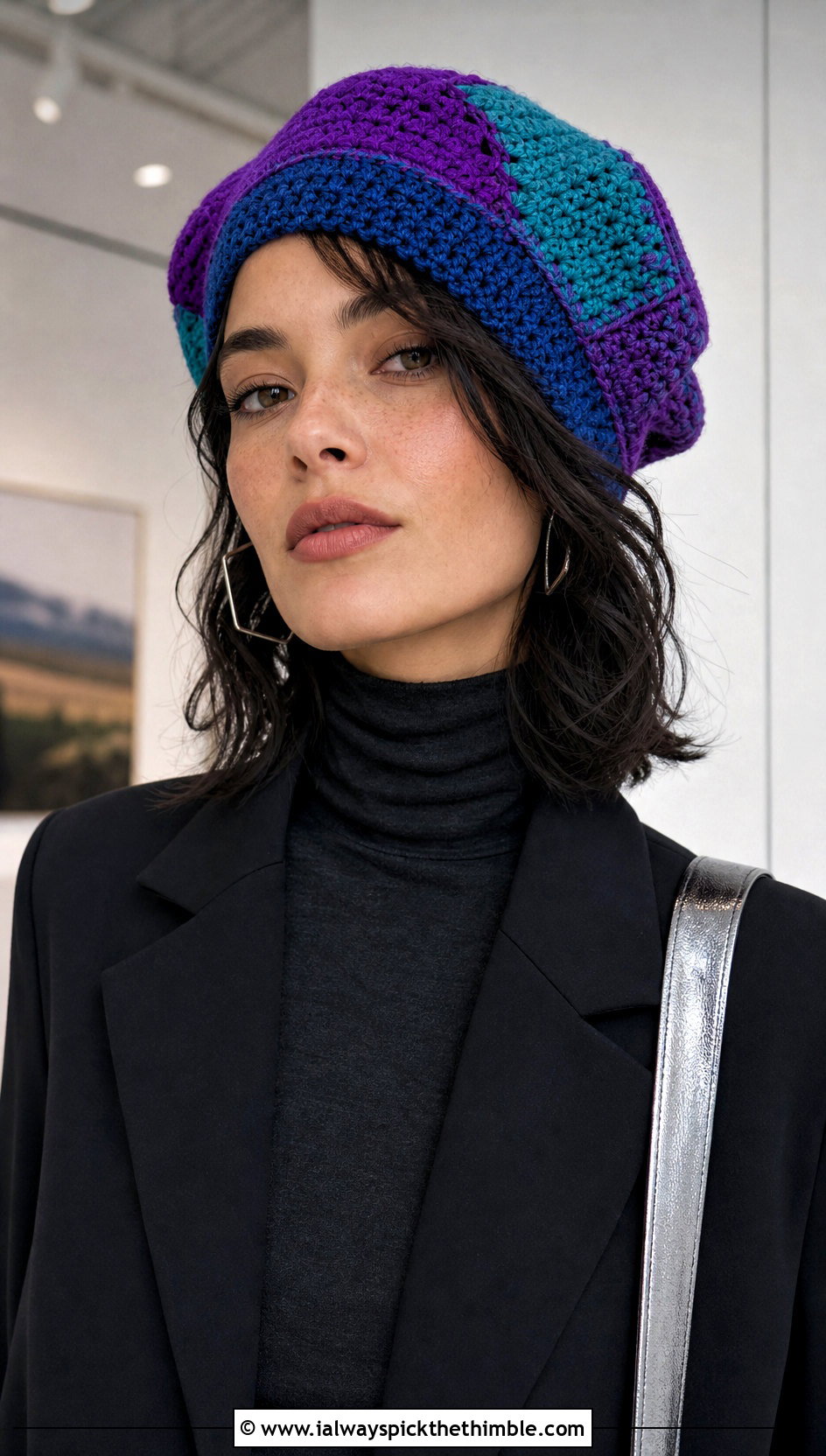 Randall Colorblock Crochet Tam With Monochrome Outfit - 20 Monsters Inc Crochet Hat outfit ideas