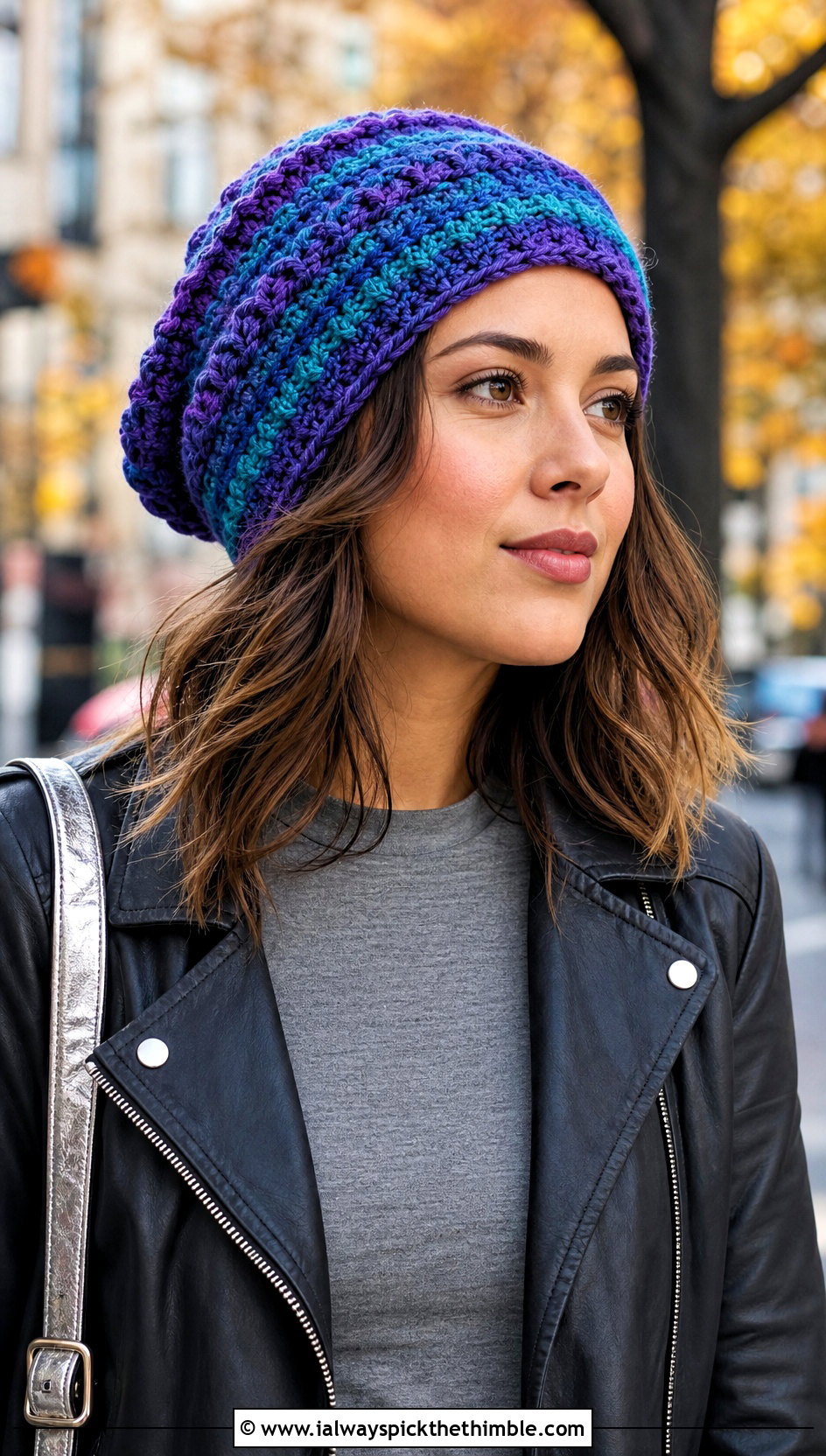 Randall Striped Crochet Slouch Hat With Leather Jacket - 20 Monsters Inc Crochet Hat outfit ideas
