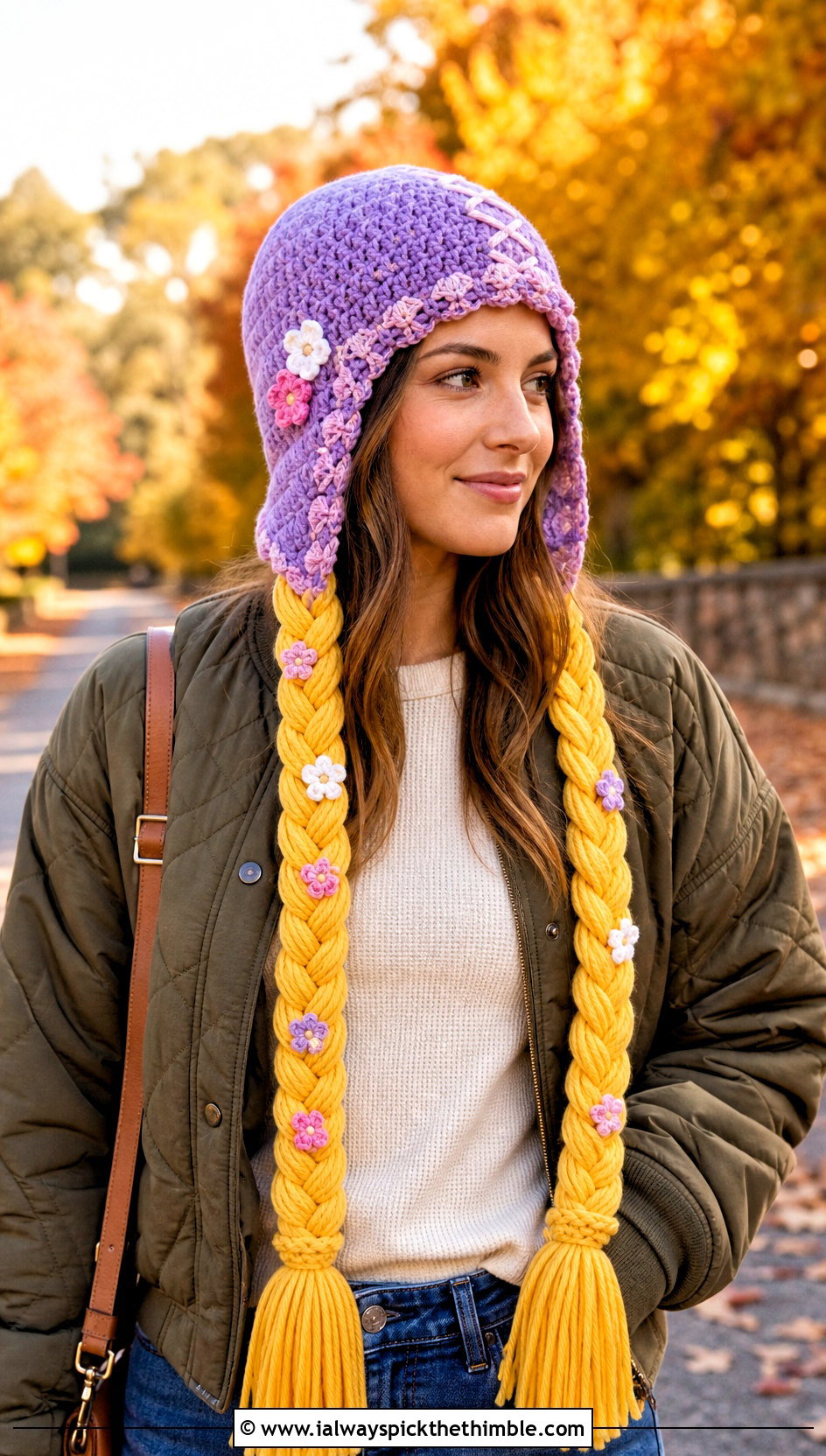 Rapunzel Braided Tassel Crochet Disney Beanie With Quilted Jacket - 20 Crochet Disney Beanie outfit ideas