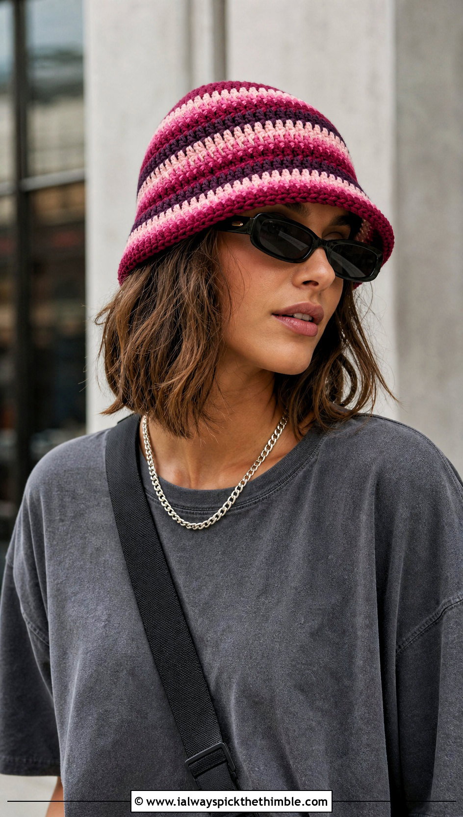 Raspberry Striped Crochet Bucket Hat With Cargo Pants - 15 pink crochet bucket hat outfit ideas