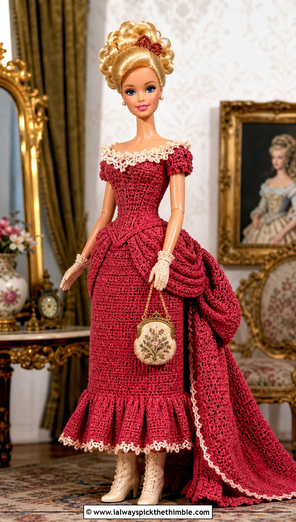 Raspberry Vintage Bustle Crochet Barbie Ball Gown - 20 crochet barbie ball gowns outfit ideas