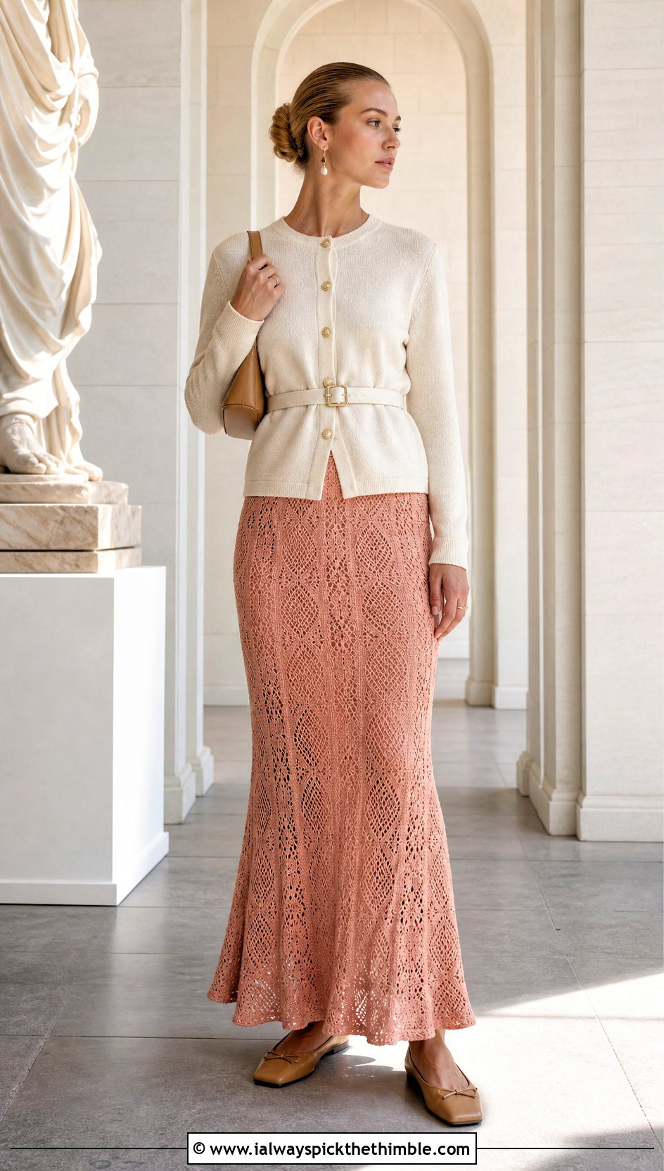 Rat And Boa Mazzini Crochet Maxi Dress With Belted Cardigan And Ballet Flats - 15 rat and boa crochet dress outfit ideas