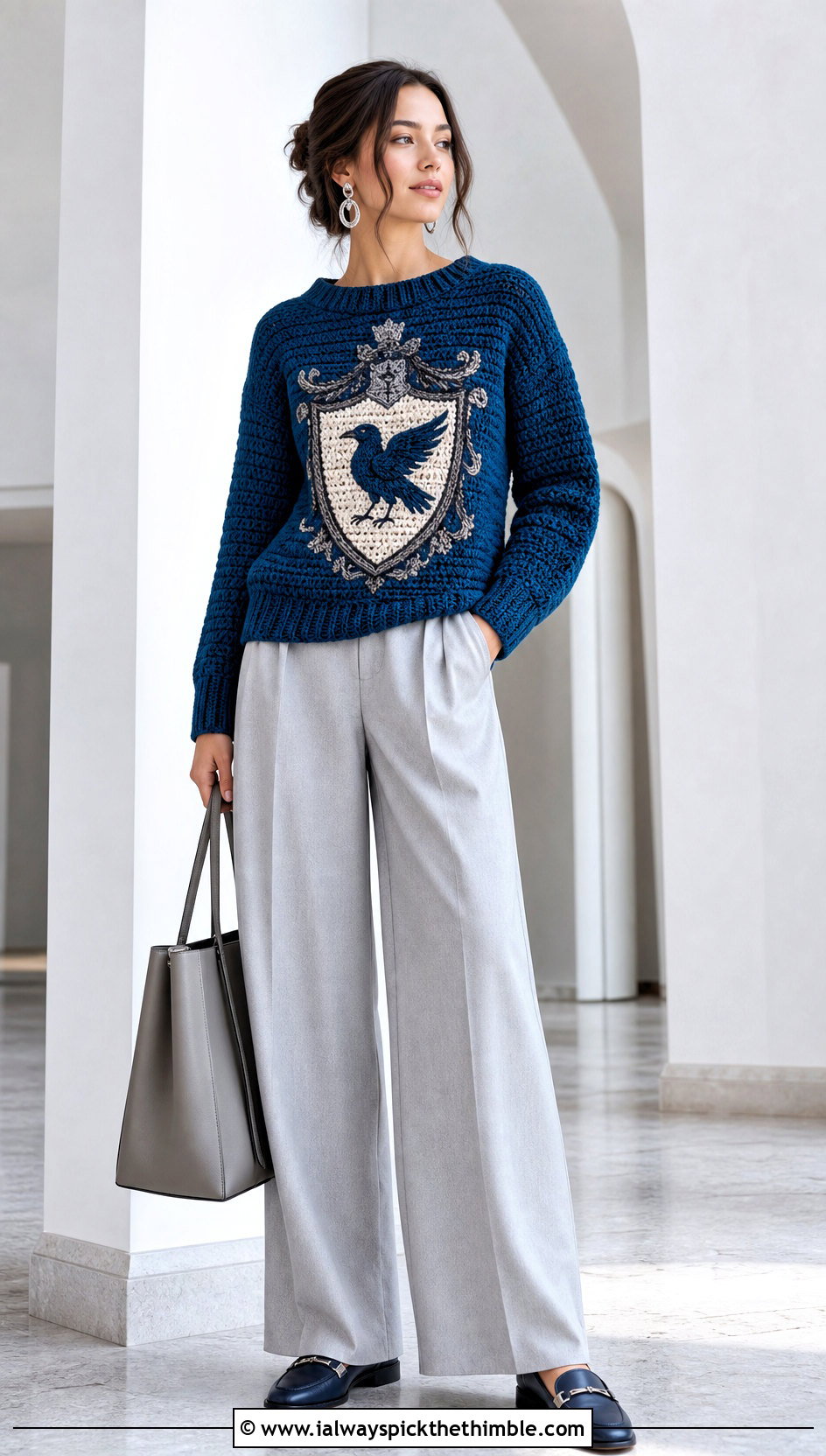 Ravenclaw Crest Crochet Harry Potter Sweater With Wide Leg Trousers - 25 crochet harry potter sweater outfit ideas