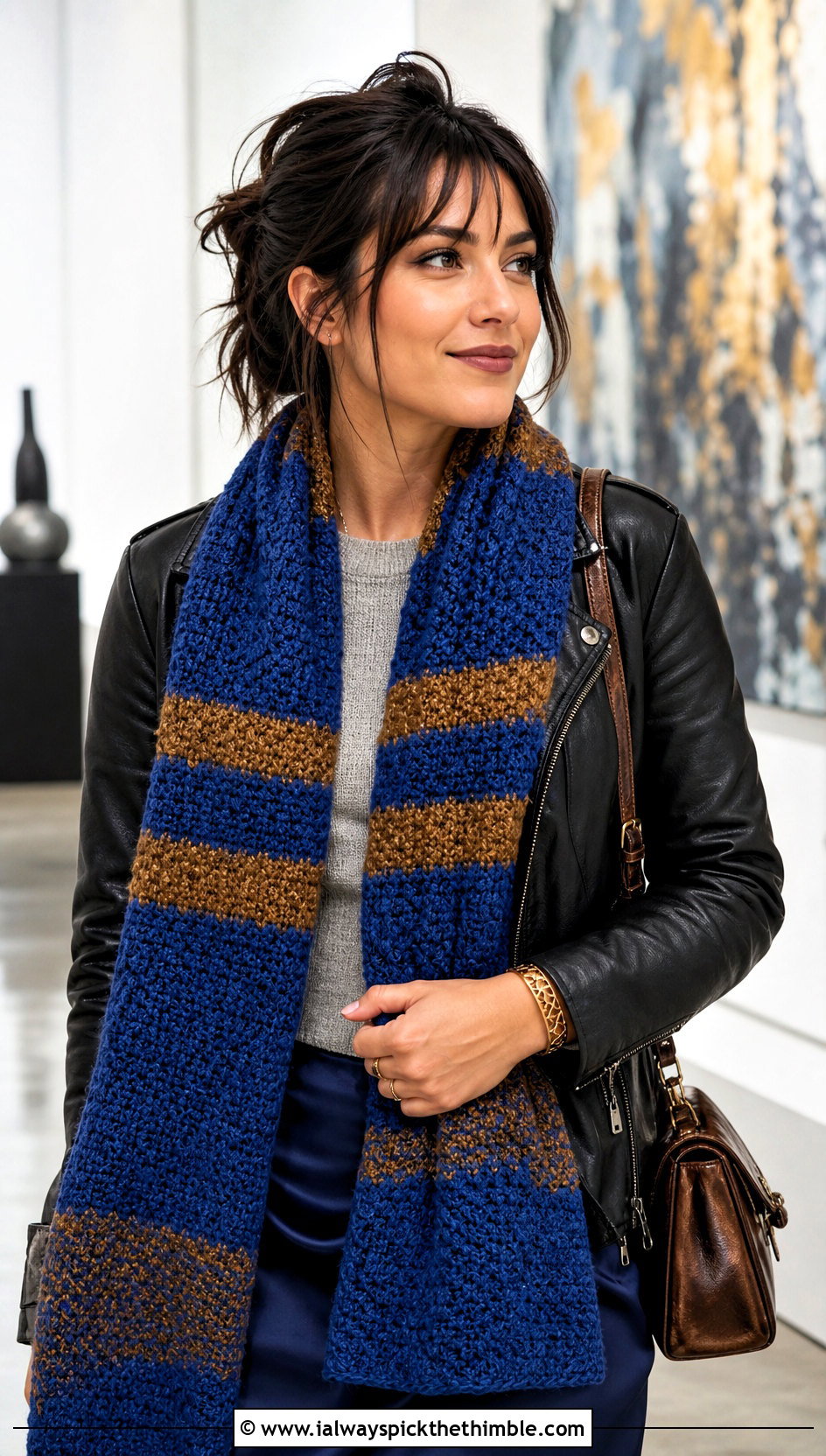 Ravenclaw Moss Stitch Crochet Harry Potter Scarf With Leather Jacket - 25 crochet harry potter scarf outfit ideas