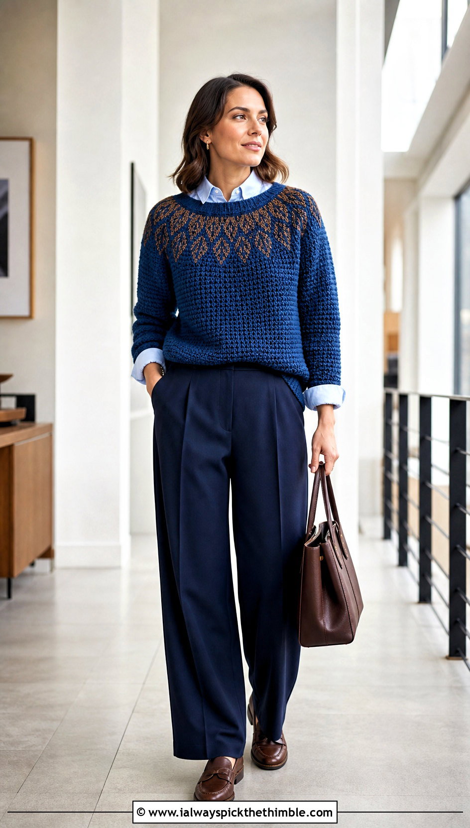 Ravenclaw Round Yoke Crochet Sweater With Tailored Trousers - 20 Harry Potter Crochet Sweater outfit ideas