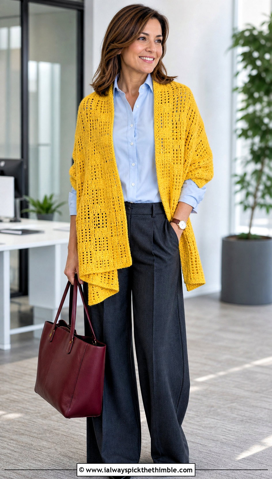 Rectangle Block Stitch Crochet Shawl With Tailored Trousers - 15 Block Stitch Crochet Shawl outfit ideas