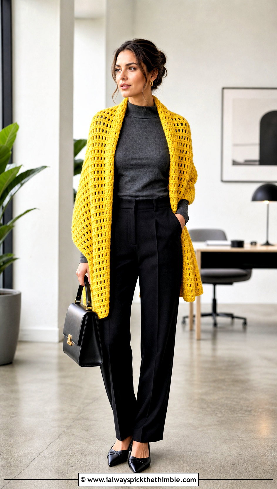 Rectangle Bulky Yarn Crochet Shawl With Tailored Trousers - 20 Bulky Yarn Crochet Shawl outfit ideas