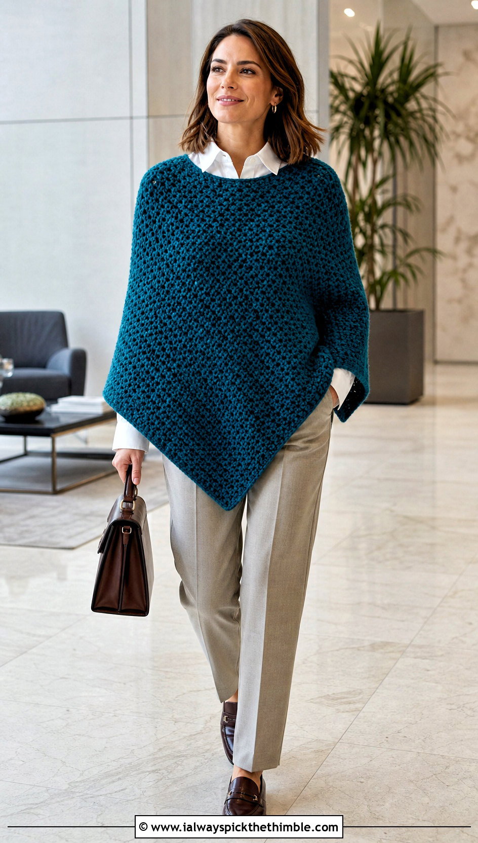 Rectangle Chunky Yarn Crochet Poncho With Tailored Trousers - 20 Chunky Yarn Crochet Poncho outfit ideas