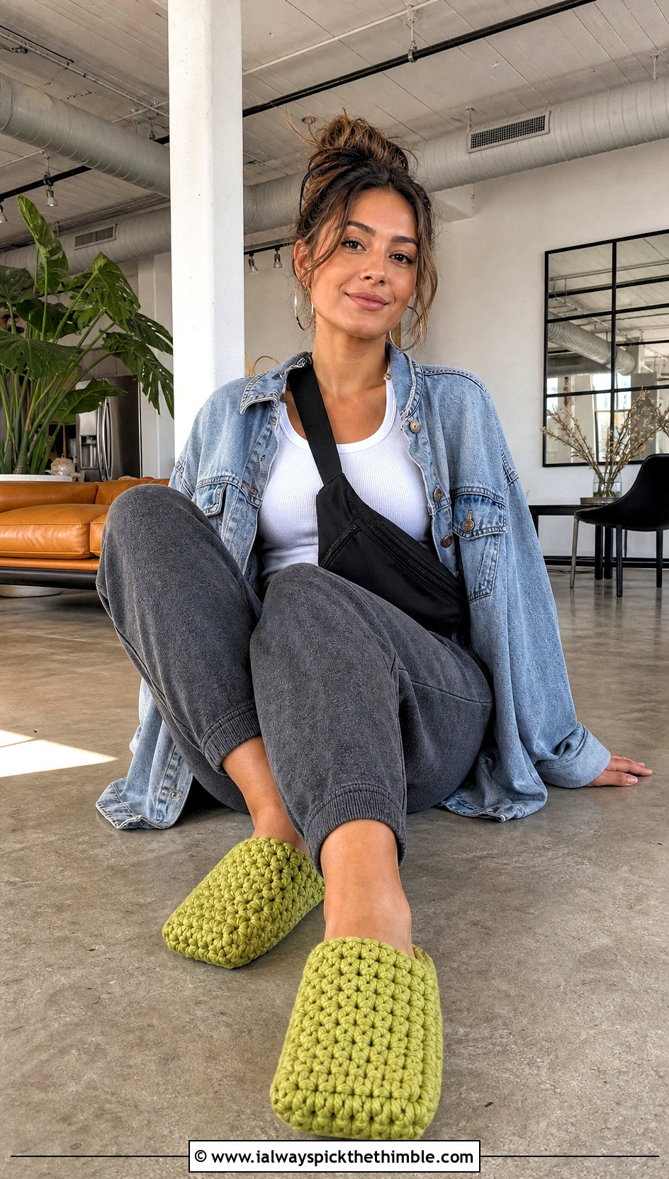 Rectangle Chunky Yarn Crochet Slippers With Shacket And Joggers - 15 Crochet Slippers Chunky Yarn outfit ideas