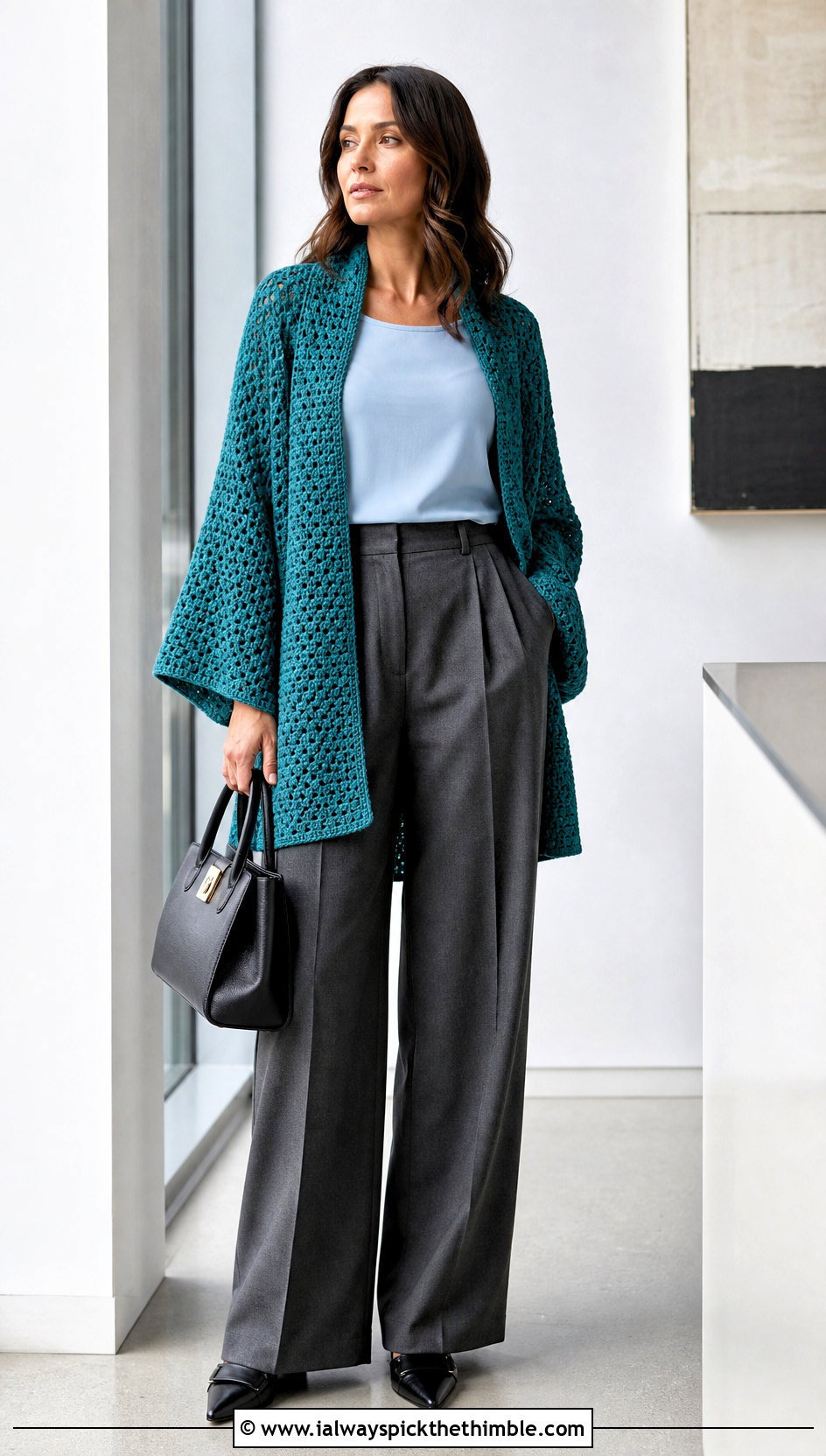 Rectangle Crochet Cardigan With Tailored Trousers - 20 beginner crochet clothing and outfit ideas