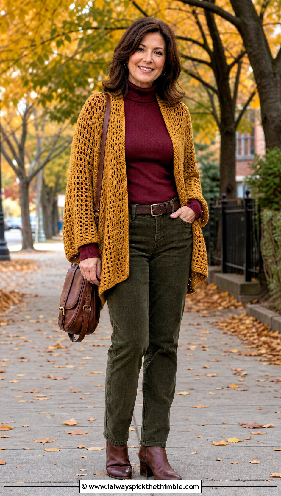 Rectangle Crochet Long Sleeve Shrug With Turtleneck And Corduroy Pants - 20 crochet long sleeve shrug outfit ideas