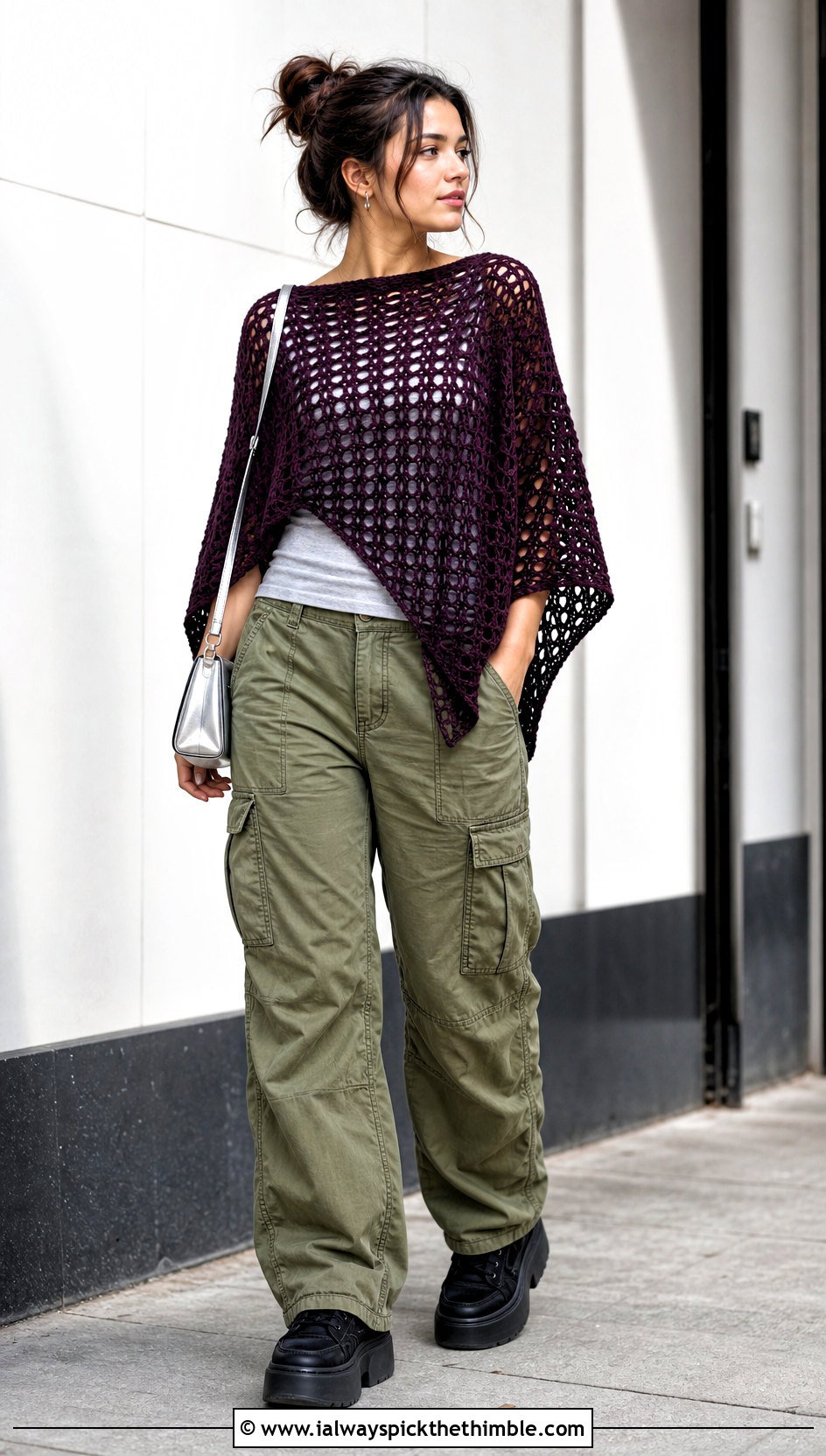 Rectangle Crochet Poncho With A T Shirt And Cargo Pants - 20 Crochet For Poncho outfit ideas