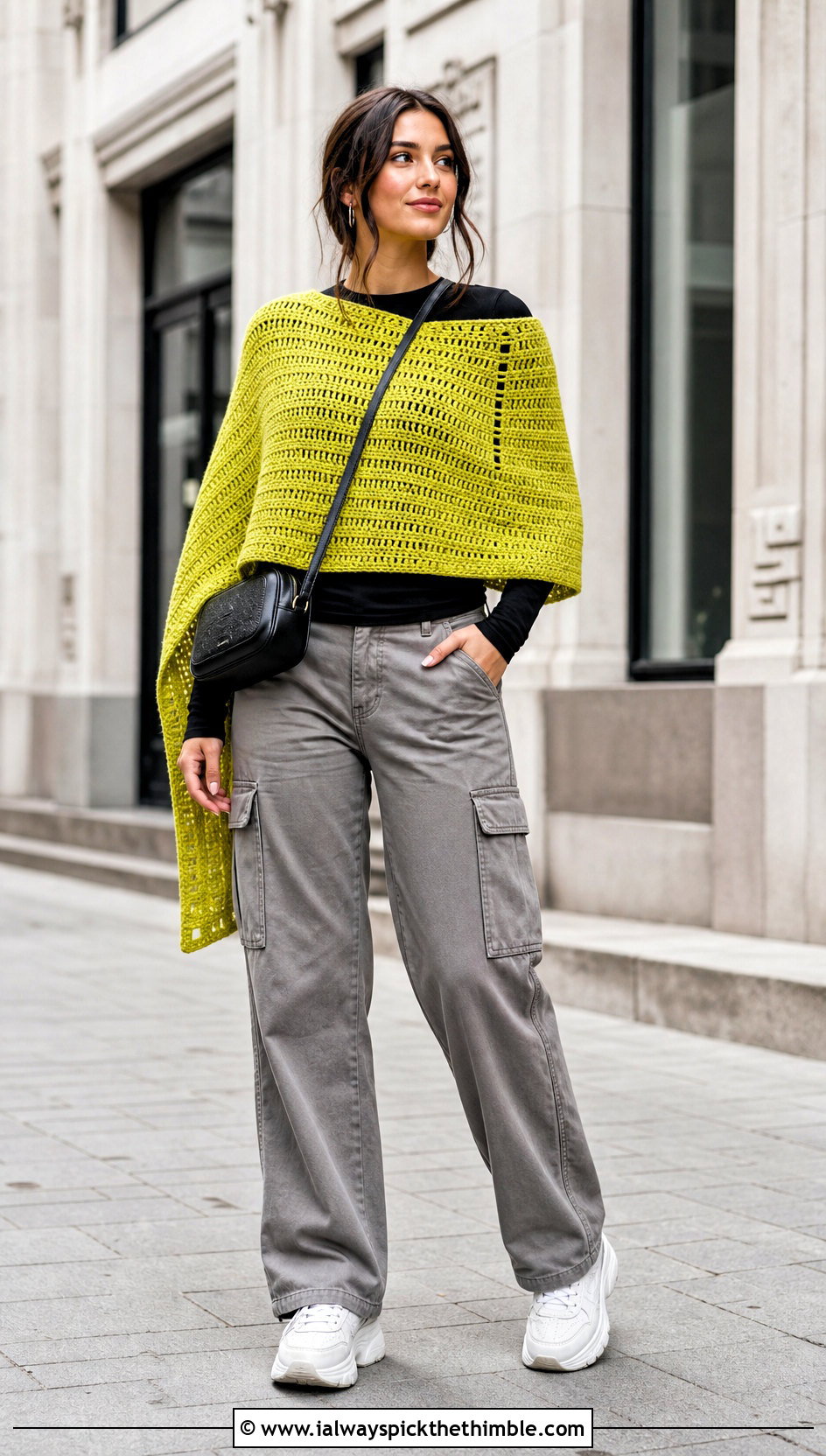 Rectangle Crochet Poncho With Cargo Pants - 25 crochet poncho outfit ideas