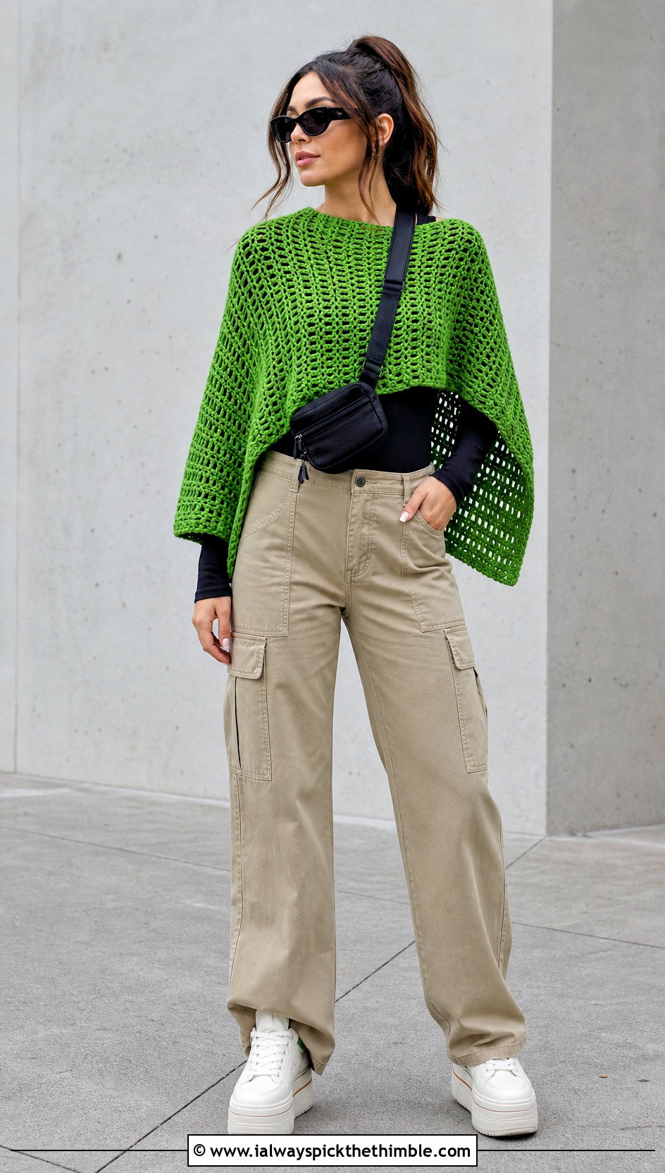Rectangle Crochet Poncho With Cargo Pants - 15 Winter Crochet Poncho outfit ideas