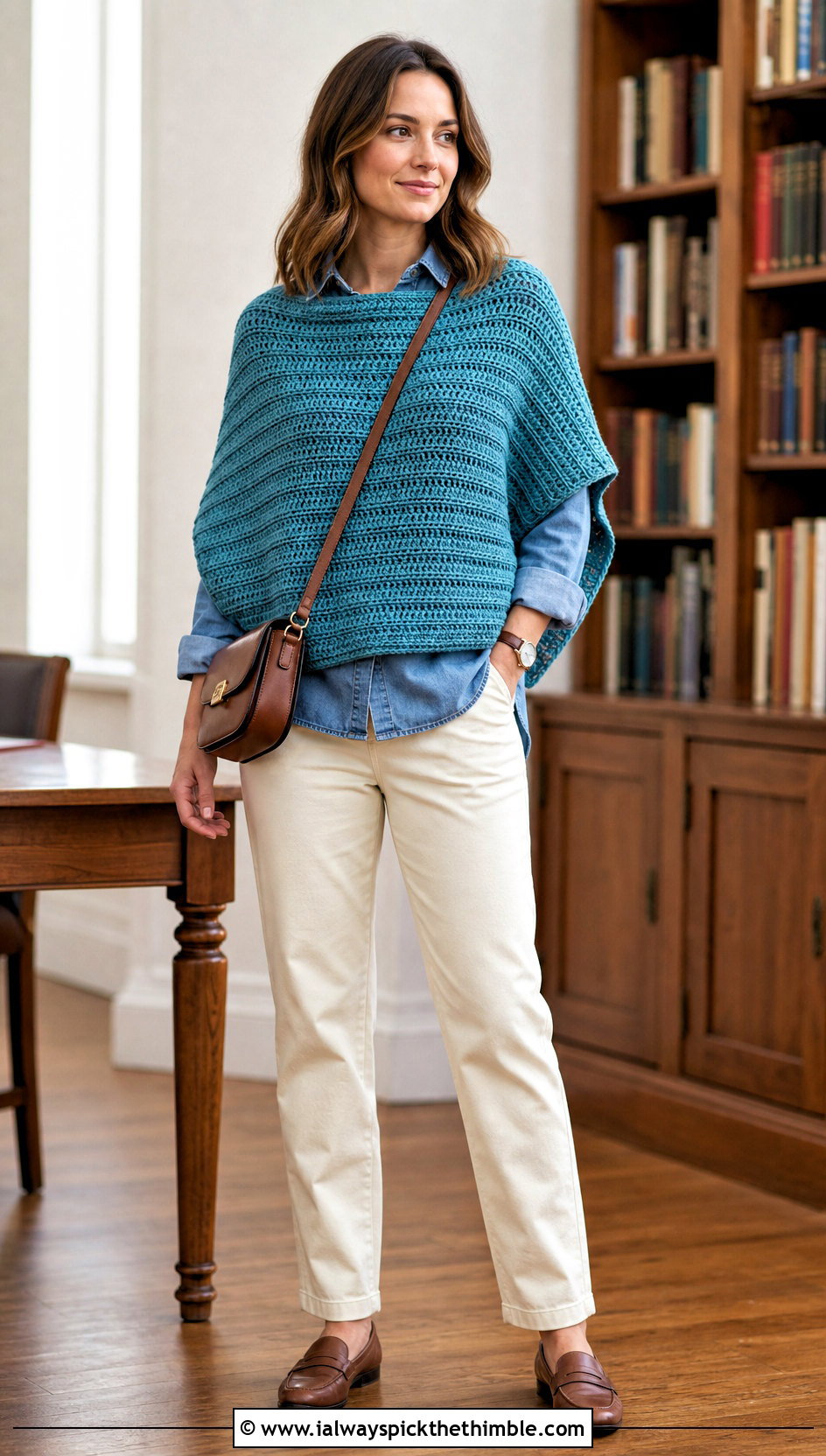 Rectangle Crochet Poncho With Denim Shirt - 20 Easy Crochet Poncho For Beginners outfit ideas