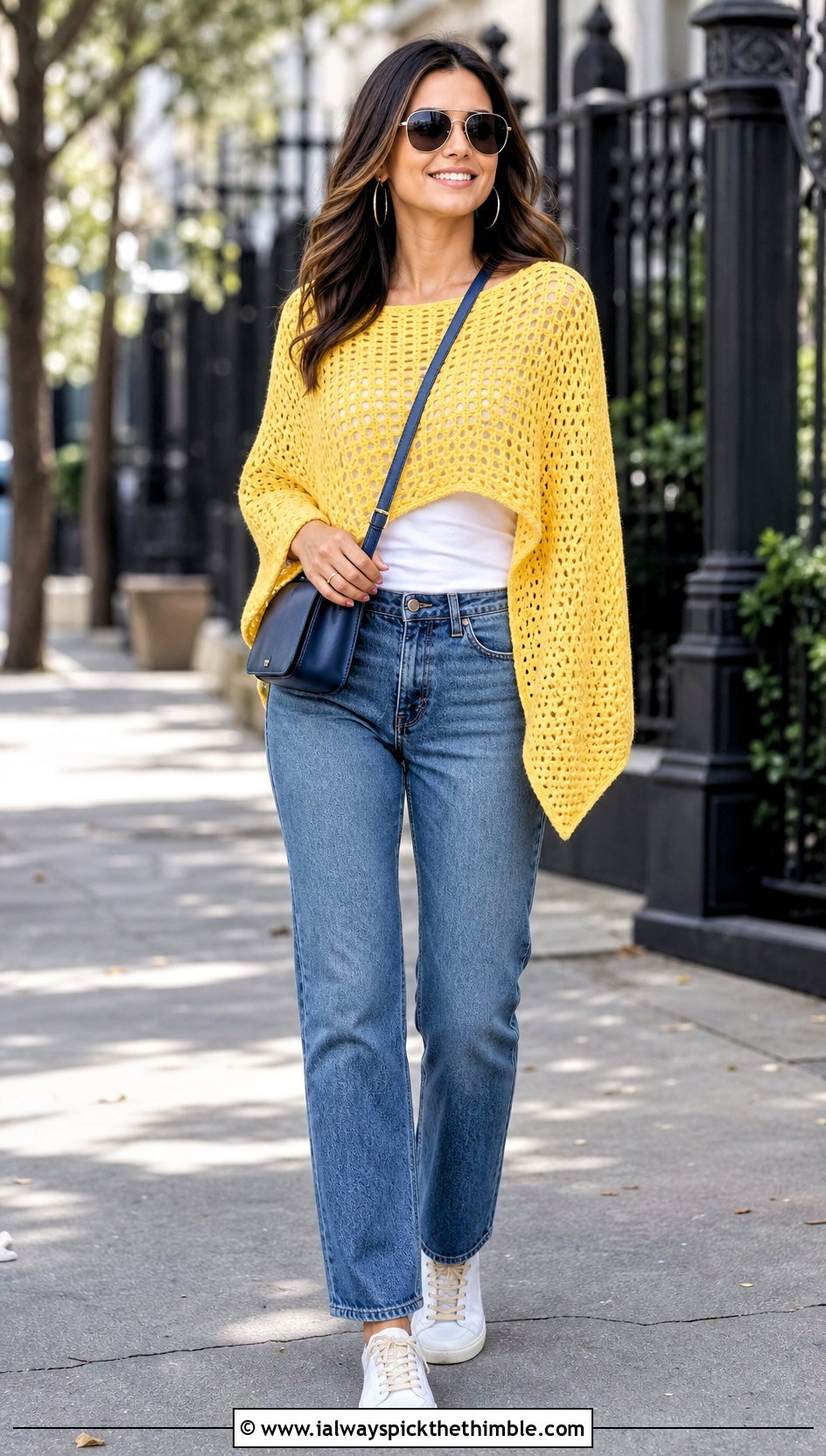Rectangle Crochet Poncho With Straight Leg Jeans - 15 Modern Crochet Poncho outfit ideas