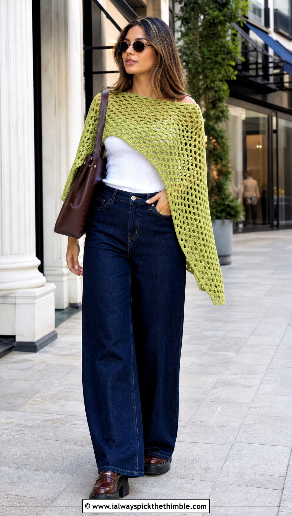 Rectangle Crochet Poncho With Wide Leg Jeans - 20 ladies crochet poncho outfit ideas