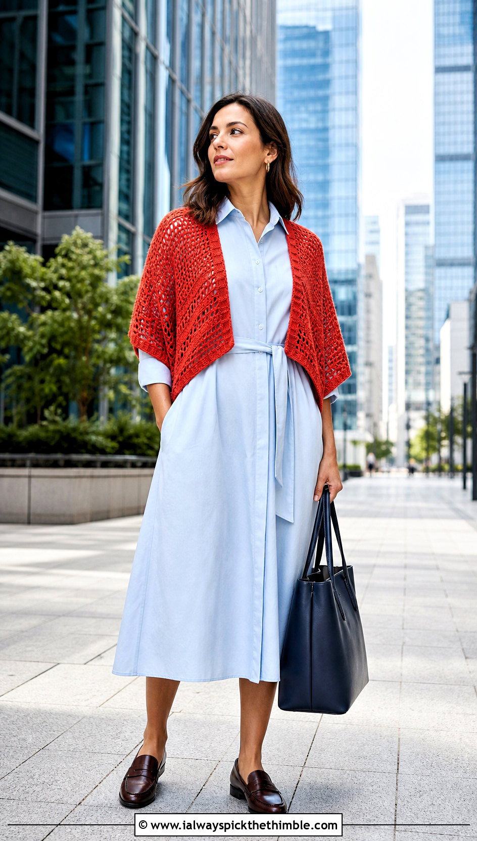 Rectangle Crochet Shrug With Shirt Dress - 20 Crochet Shrug Cardigan outfit ideas