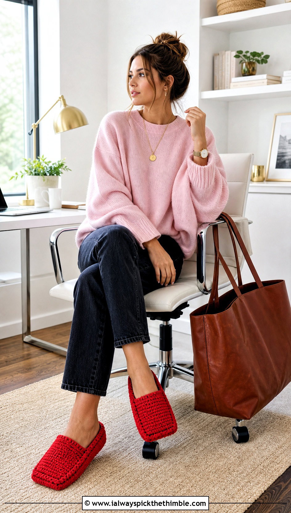 Rectangle Crochet Slippers With A Sweater And Jeans - 15 easy flat crochet slippers outfit ideas