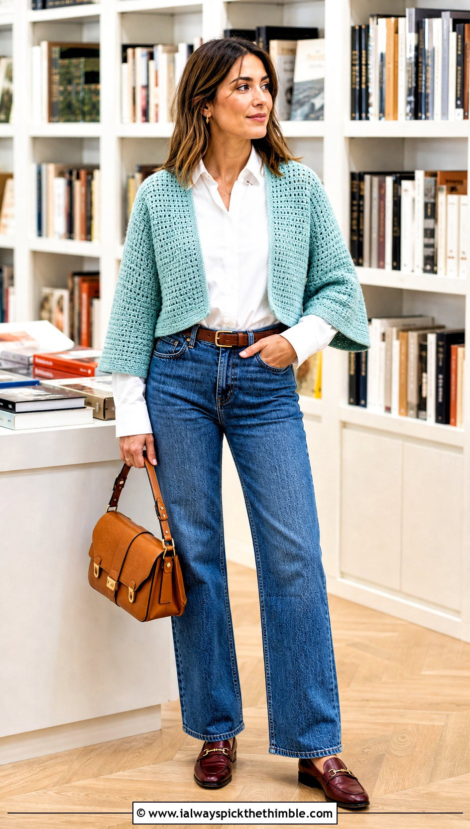 Rectangle Crochet Sweater Shrug With Button Down Shirt - 20 crochet sweater shrug outfit ideas
