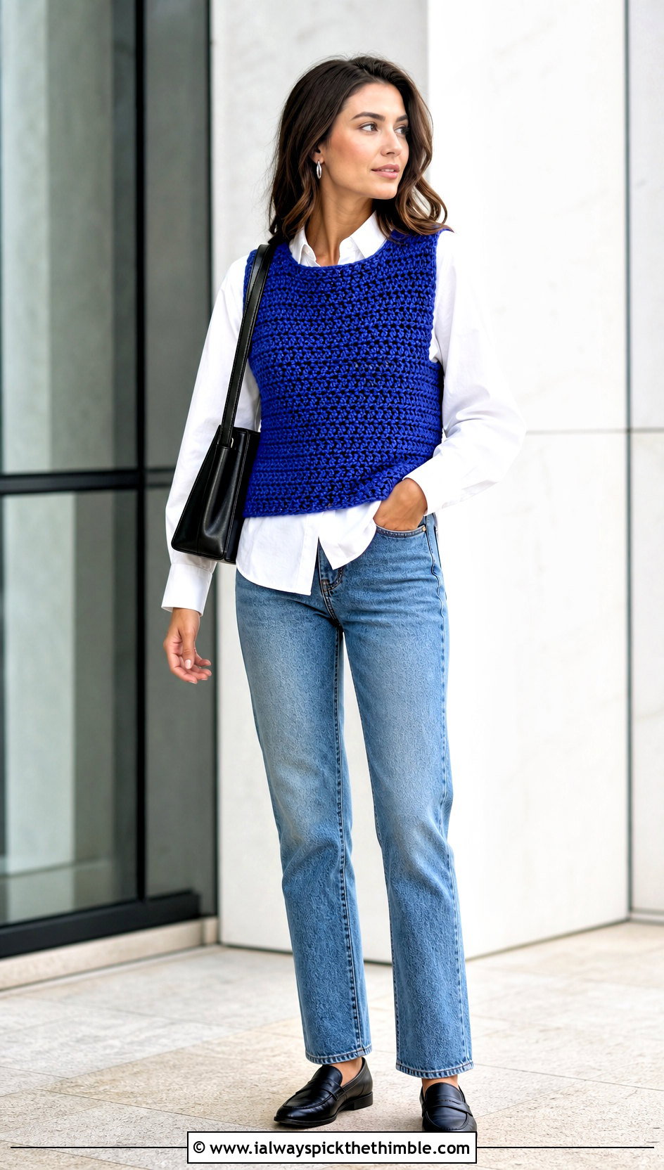 Rectangle Crochet Vest With White Shirt And Jeans - 20 Easy Clothes To Crochet For Beginners outfit ideas